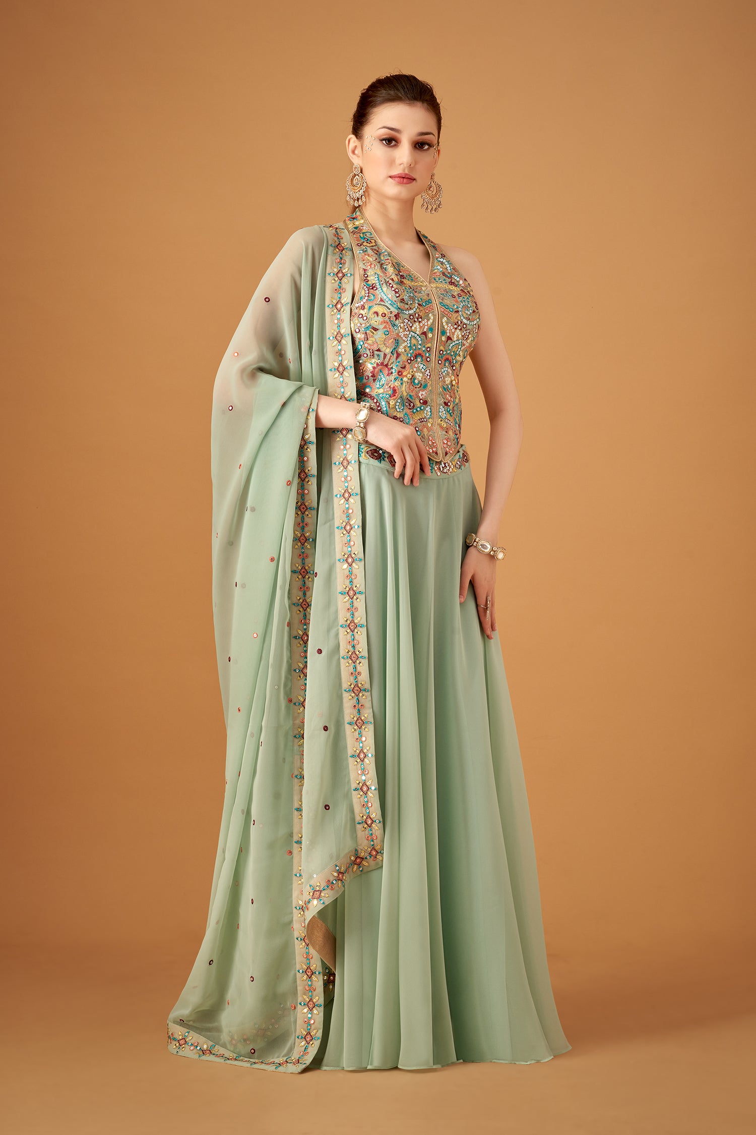 Pista Green Multicolored Embroidered Top With Umbrella Skirt