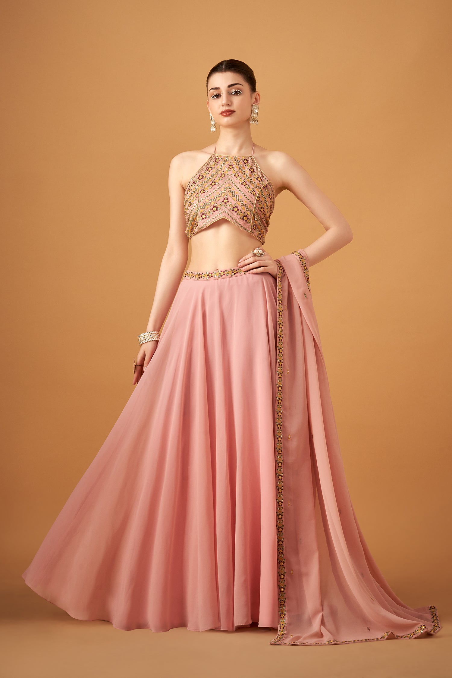 Elegant Pink Georgette Floral Crop-Top And Skirt