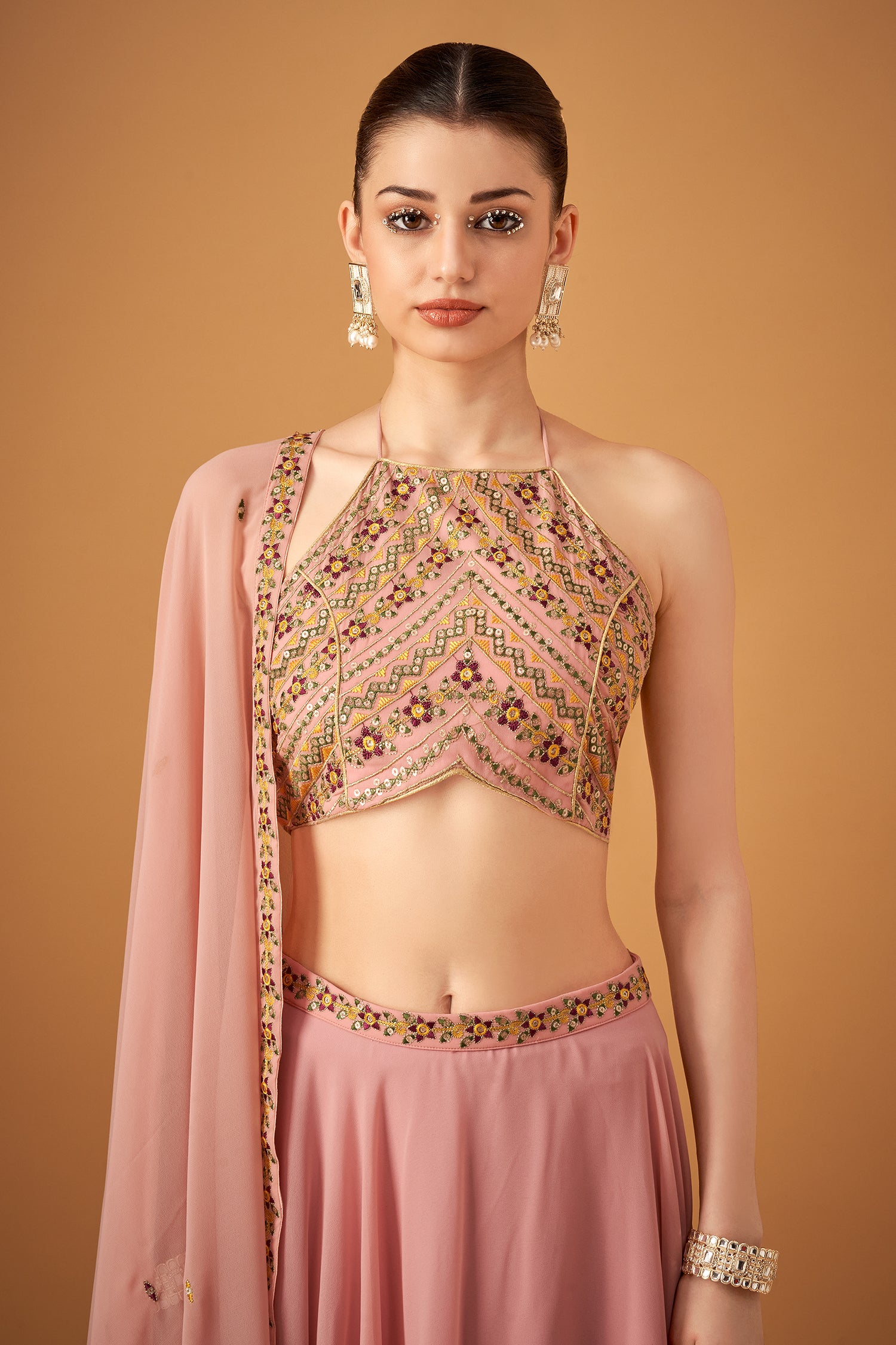 Elegant Pink Georgette Floral Crop-Top And Skirt