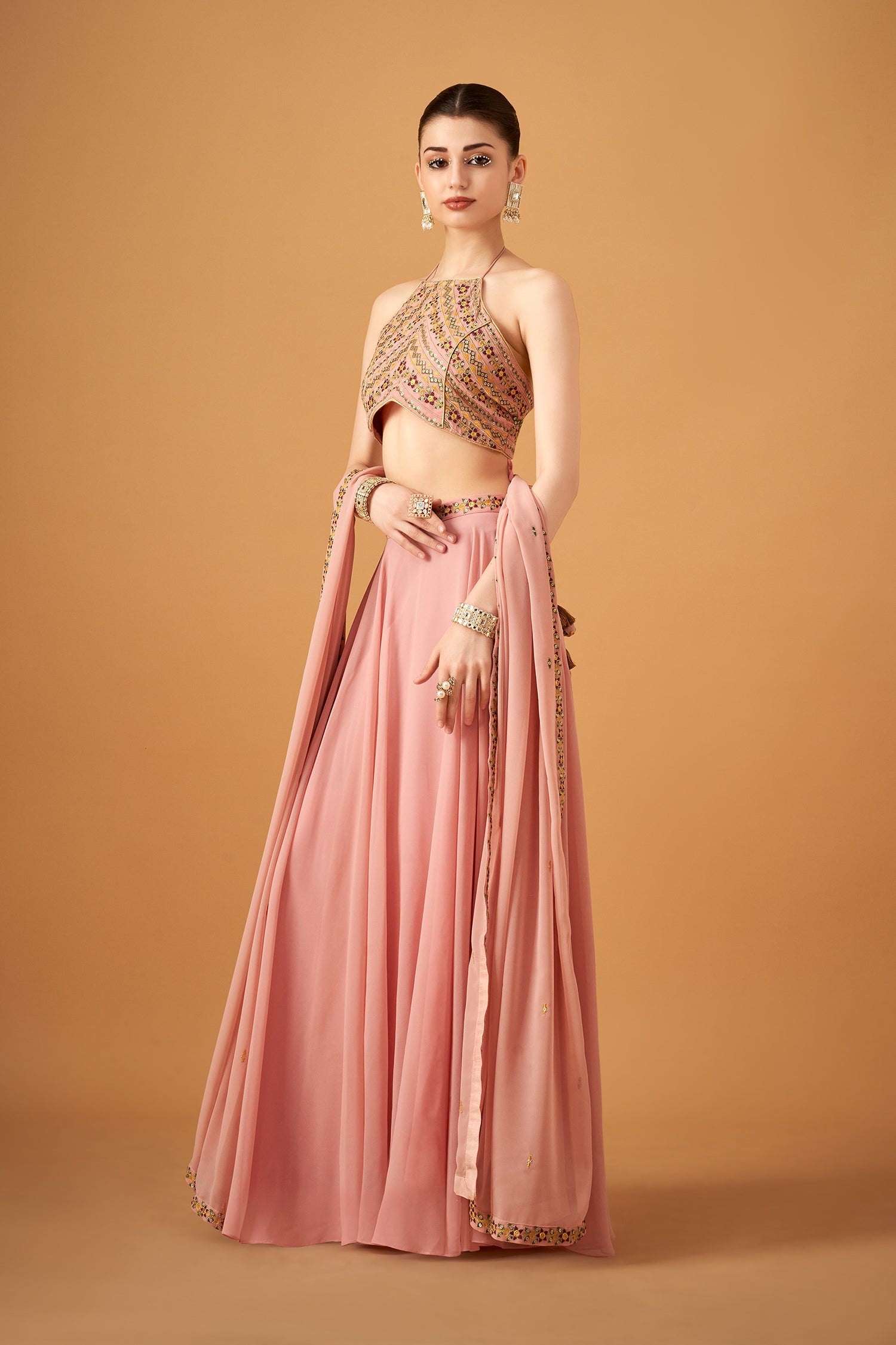 Elegant Pink Georgette Floral Crop-Top And Skirt