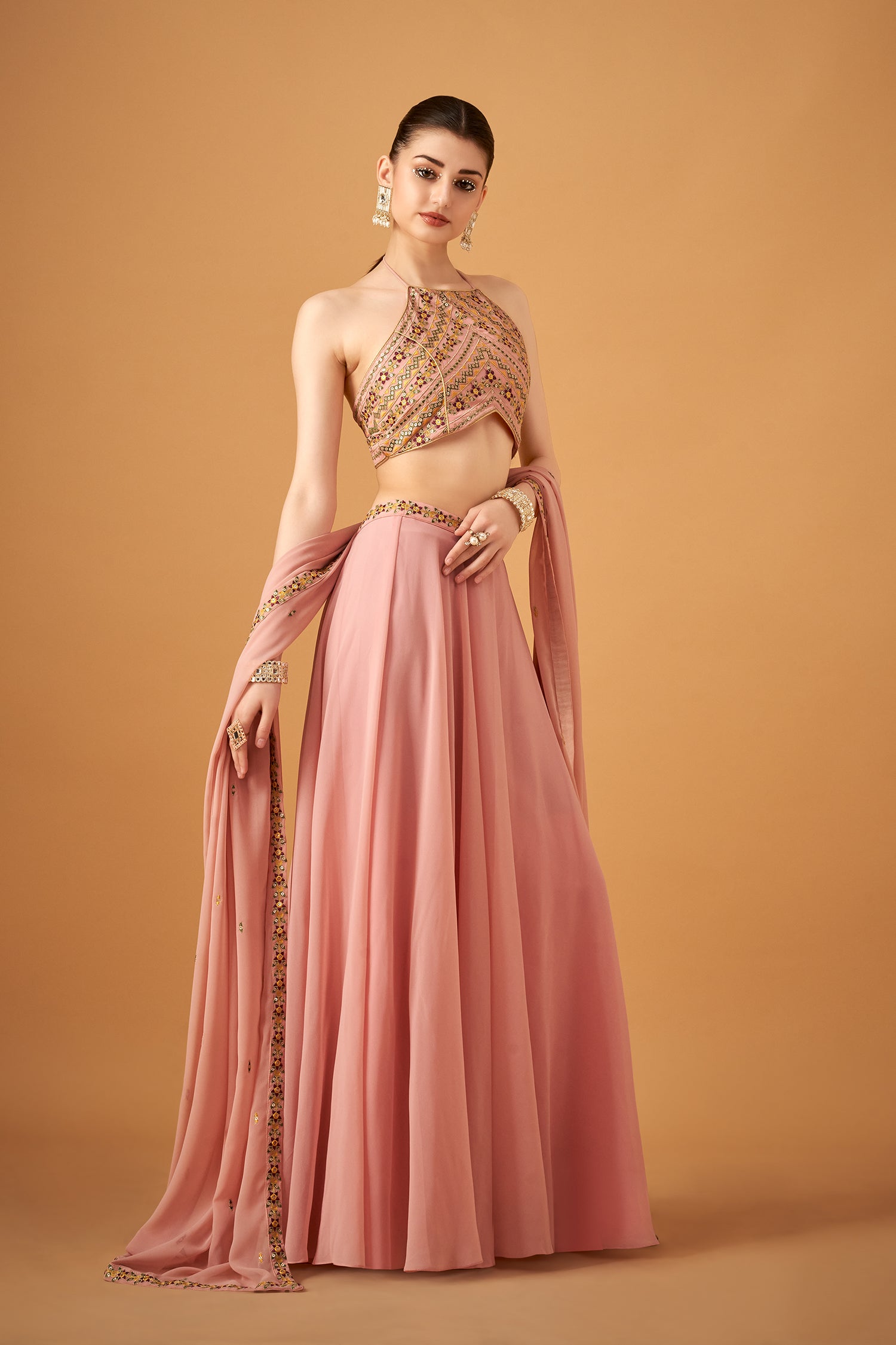 Elegant Pink Georgette Floral Crop-Top And Skirt