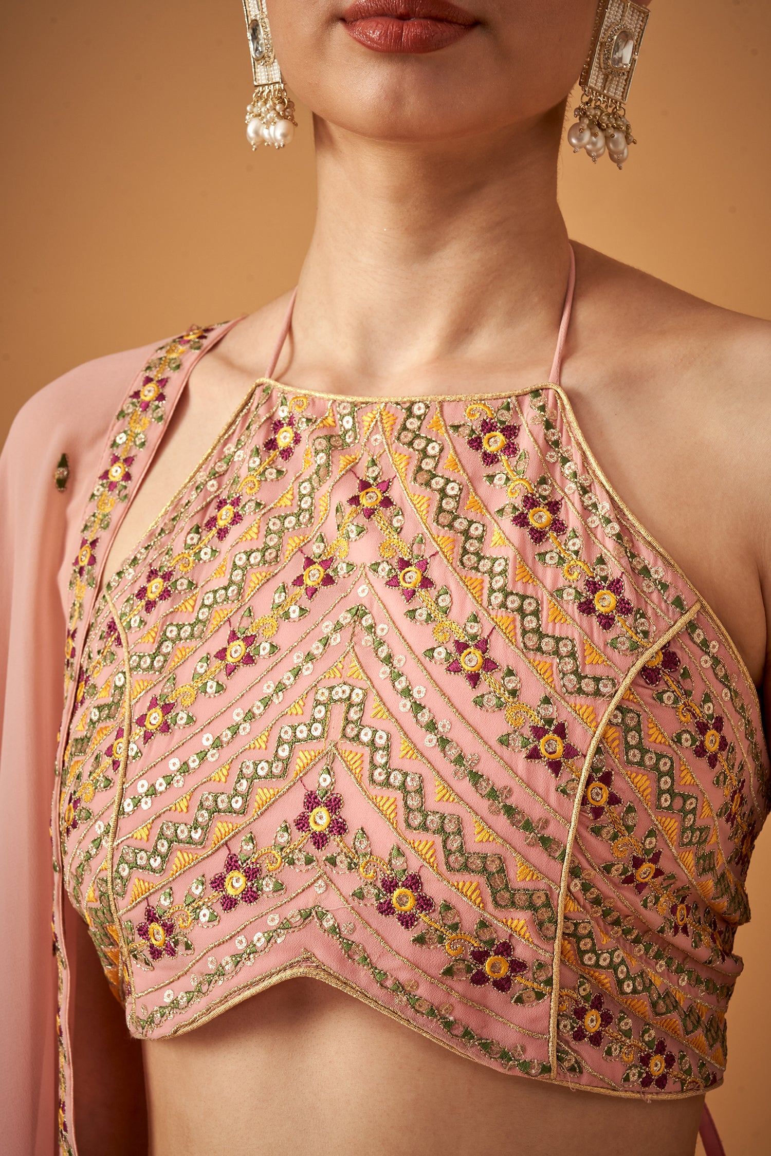 Elegant Pink Georgette Floral Crop-Top And Skirt
