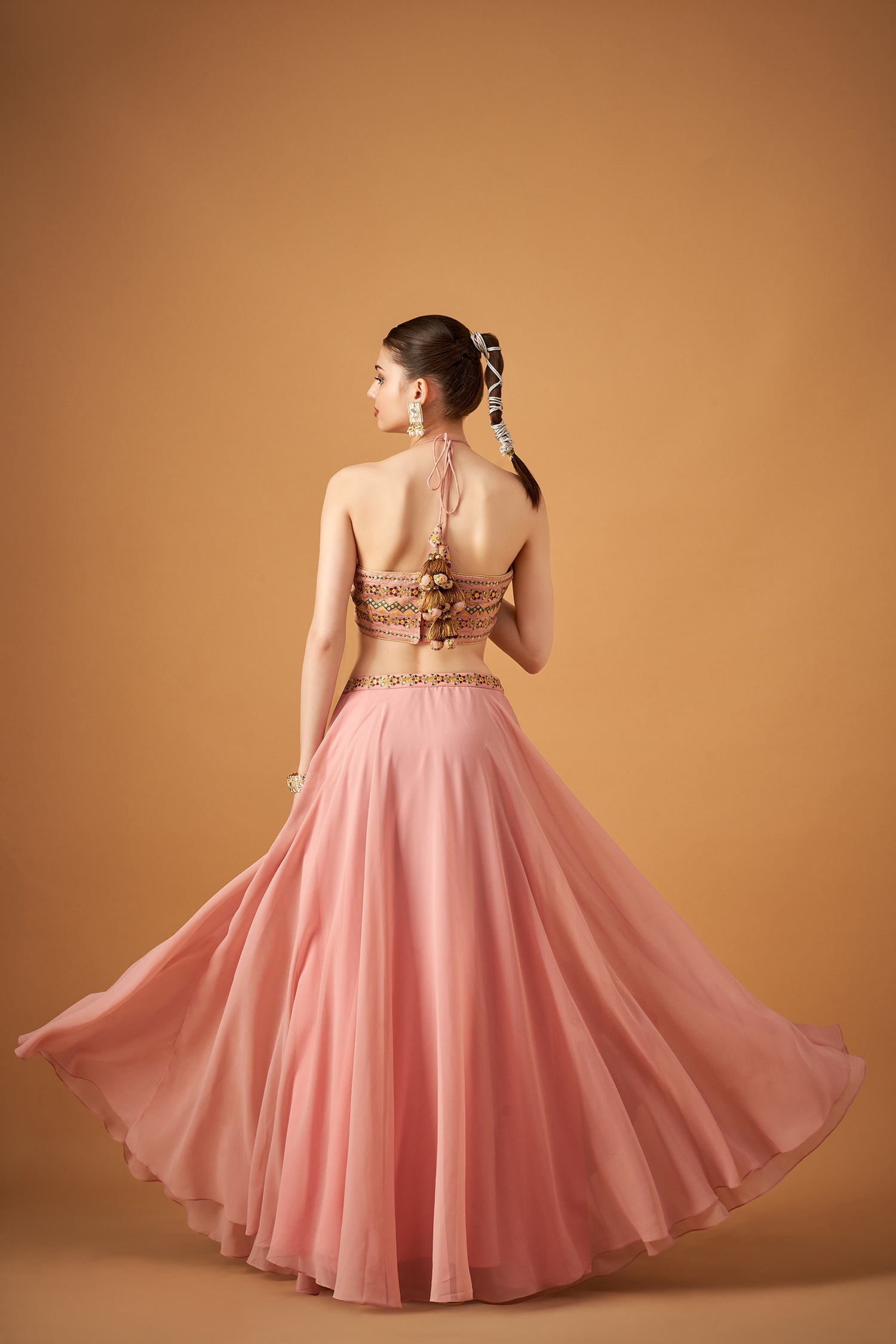Elegant Pink Georgette Floral Crop-Top And Skirt