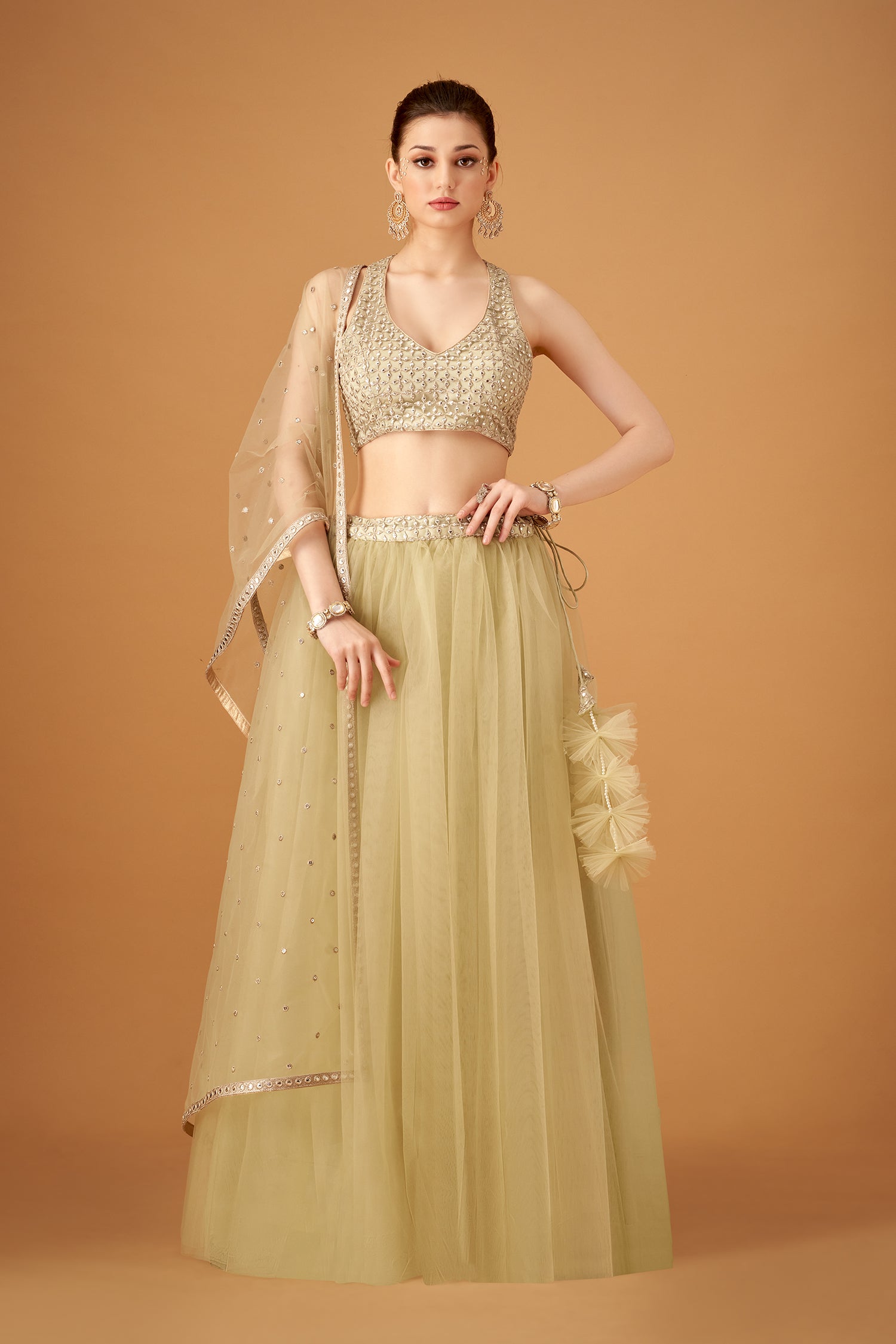 Olive Skirt And Embroidered Crop-Top With Silver Foil Embellishments