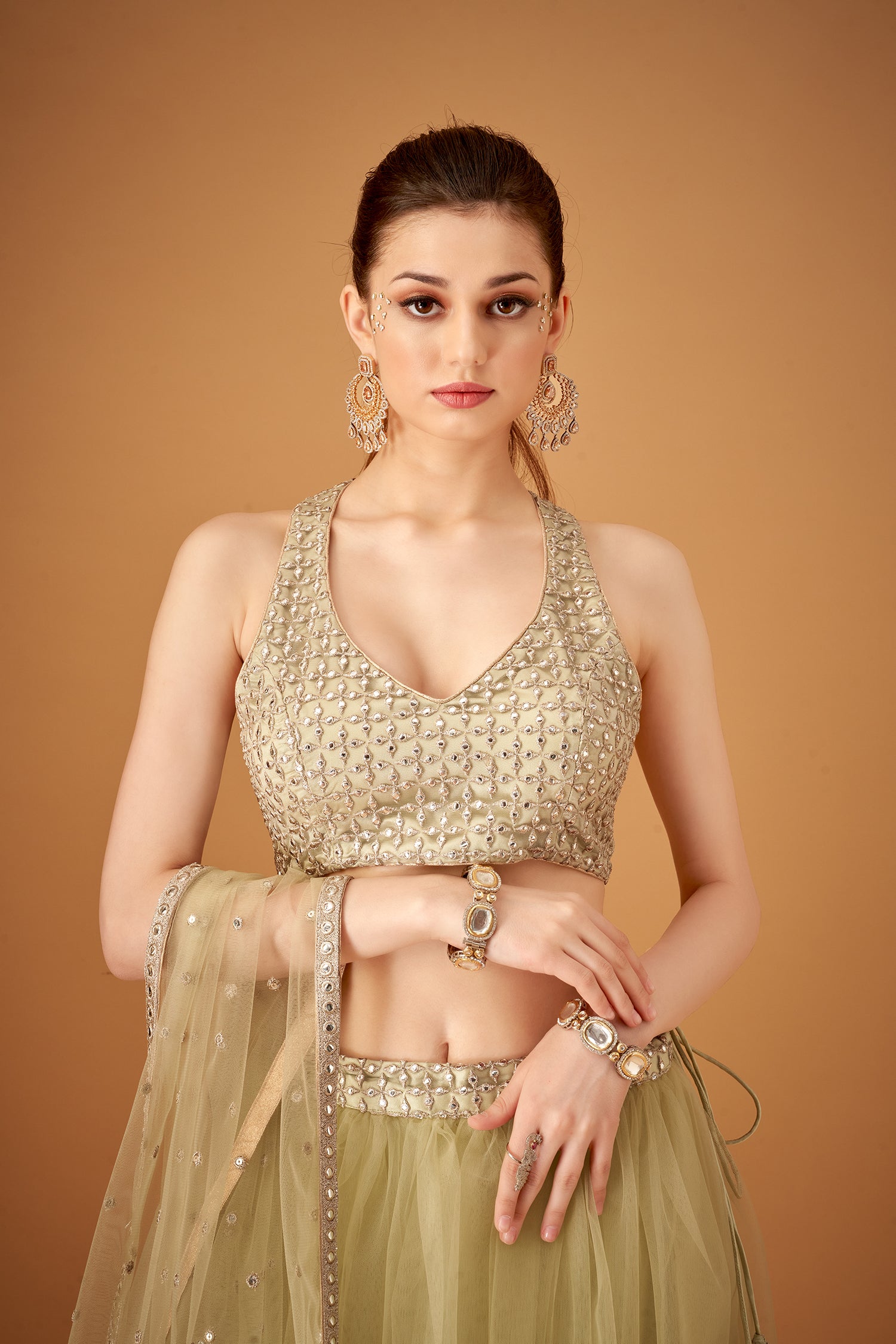 Olive Skirt And Embroidered Crop-Top With Silver Foil Embellishments
