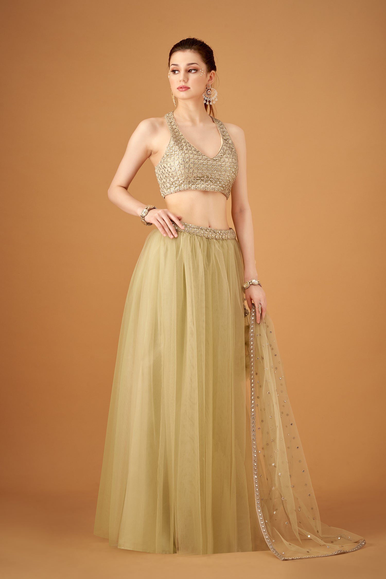 Olive Skirt And Embroidered Crop-Top With Silver Foil Embellishments