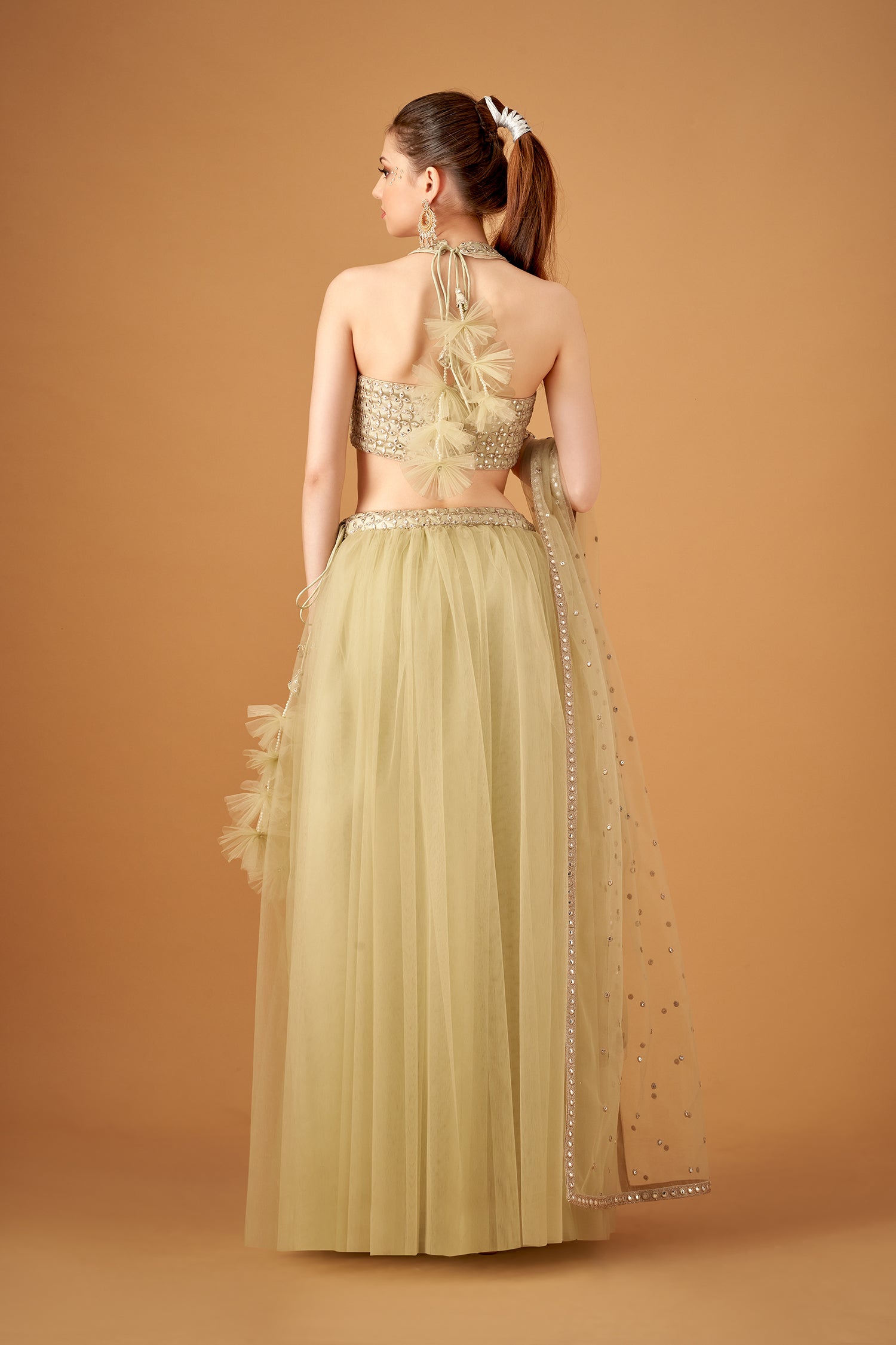 Olive Skirt And Embroidered Crop-Top With Silver Foil Embellishments