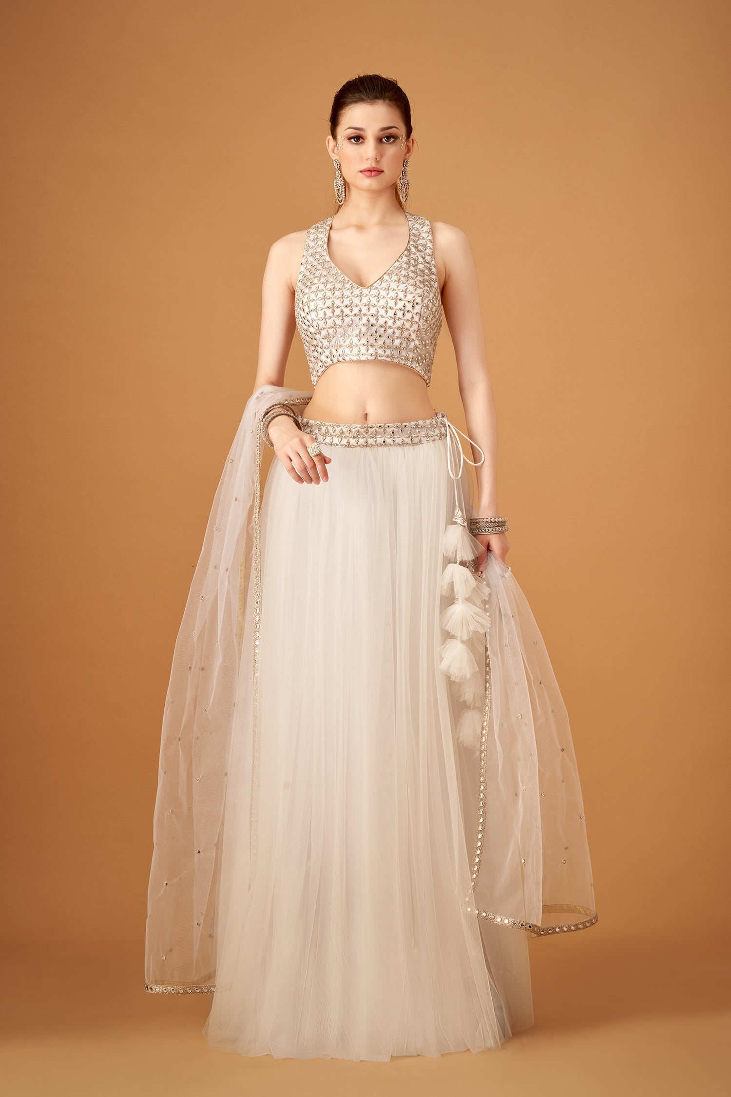 Snow-White Skirt And Embroidered Crop Top With Silver Foil Embellishments