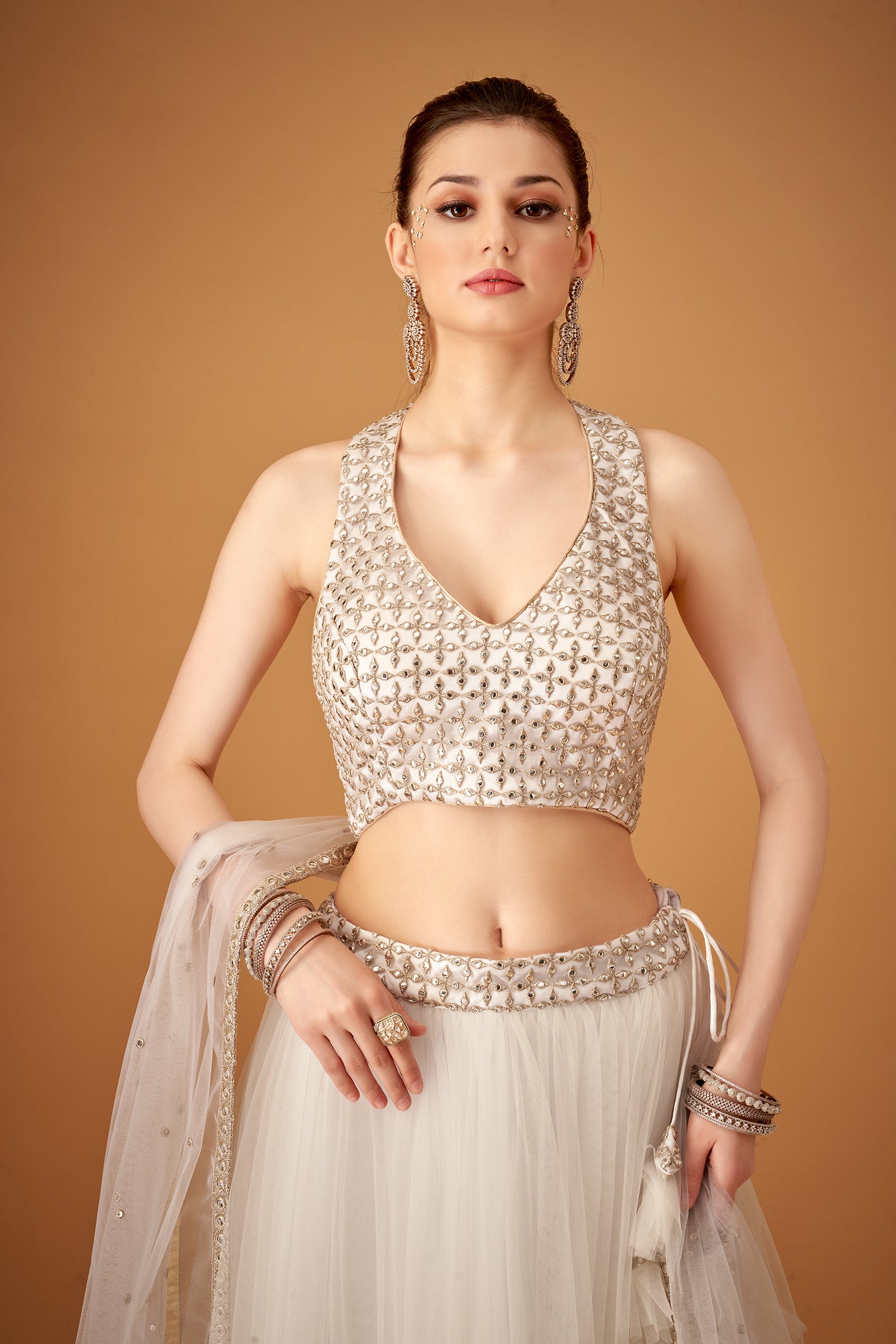 Snow-White Skirt And Embroidered Crop Top With Silver Foil Embellishments