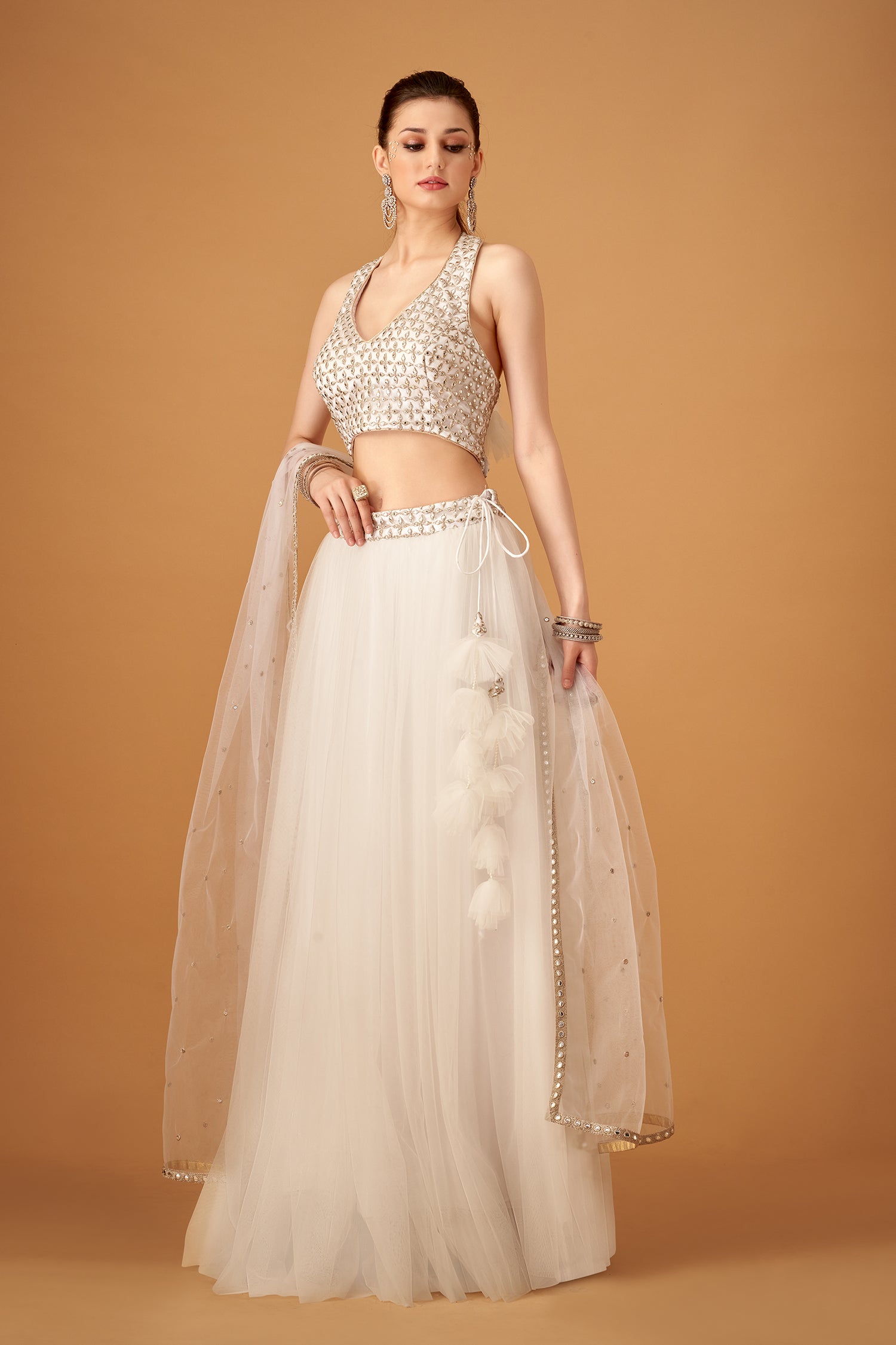 Snow-White Skirt And Embroidered Crop Top With Silver Foil Embellishments