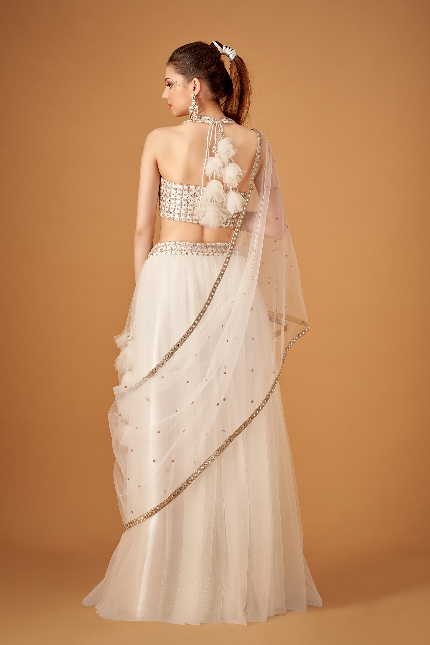 Snow-White Skirt And Embroidered Crop Top With Silver Foil Embellishments