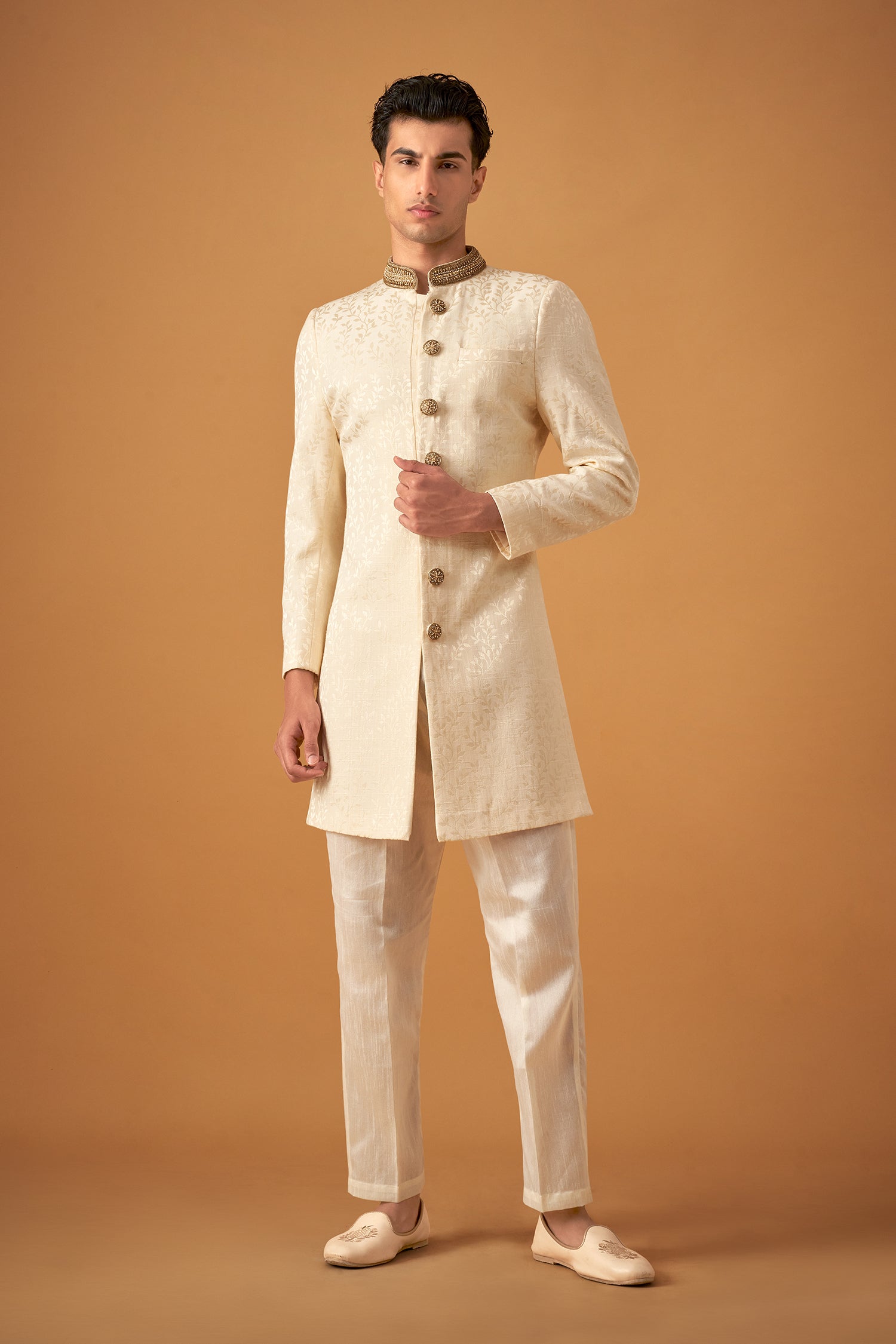 Cream Brocade Sherwani With Decorative Buttons