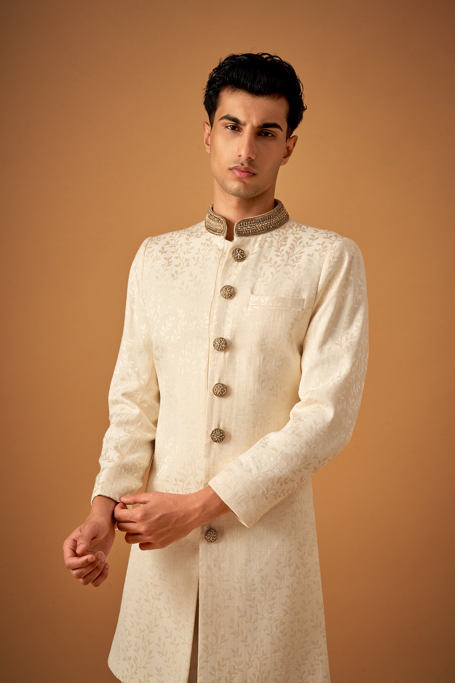 Cream Brocade Sherwani With Decorative Buttons
