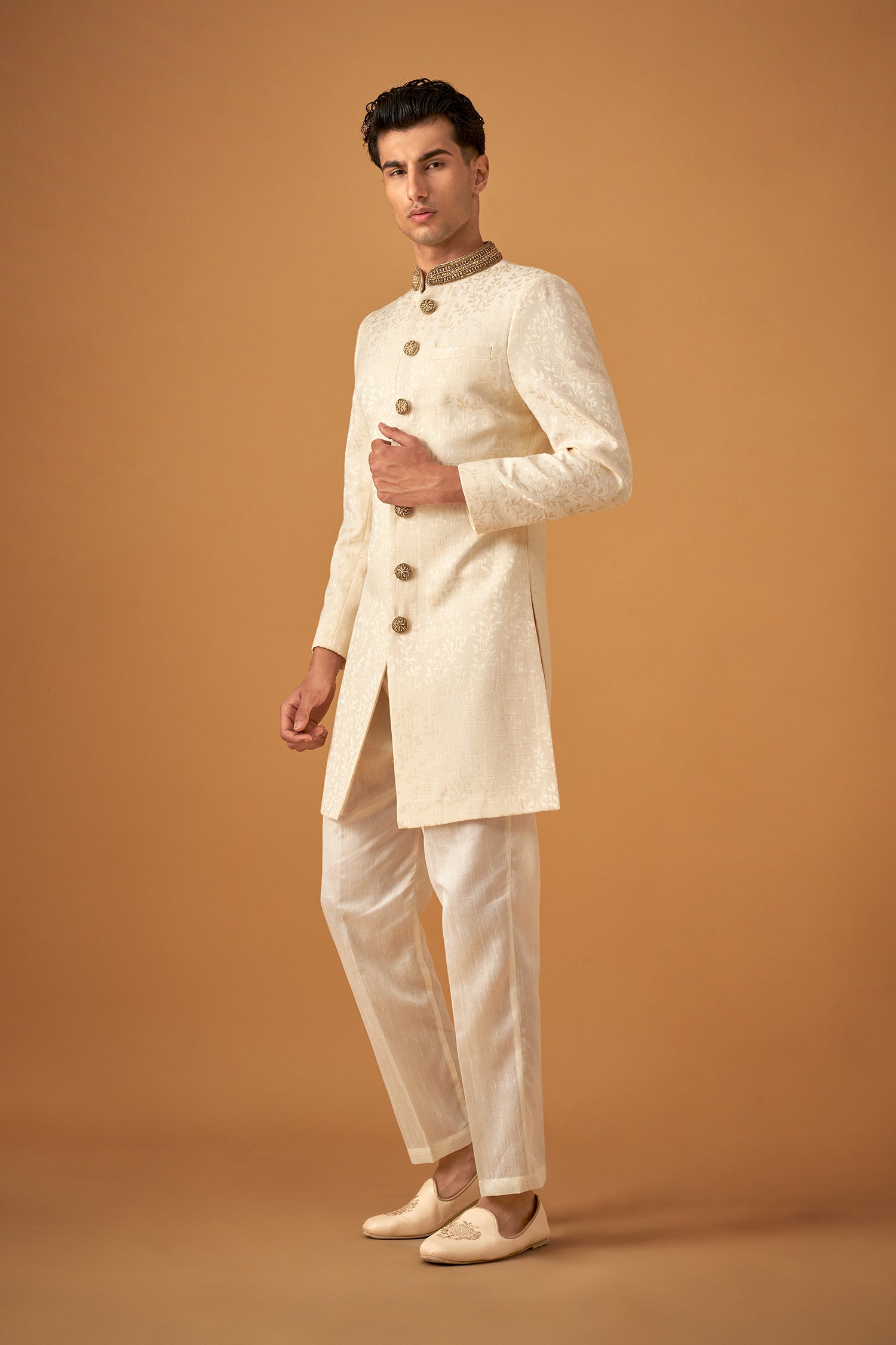 Cream Brocade Sherwani With Decorative Buttons