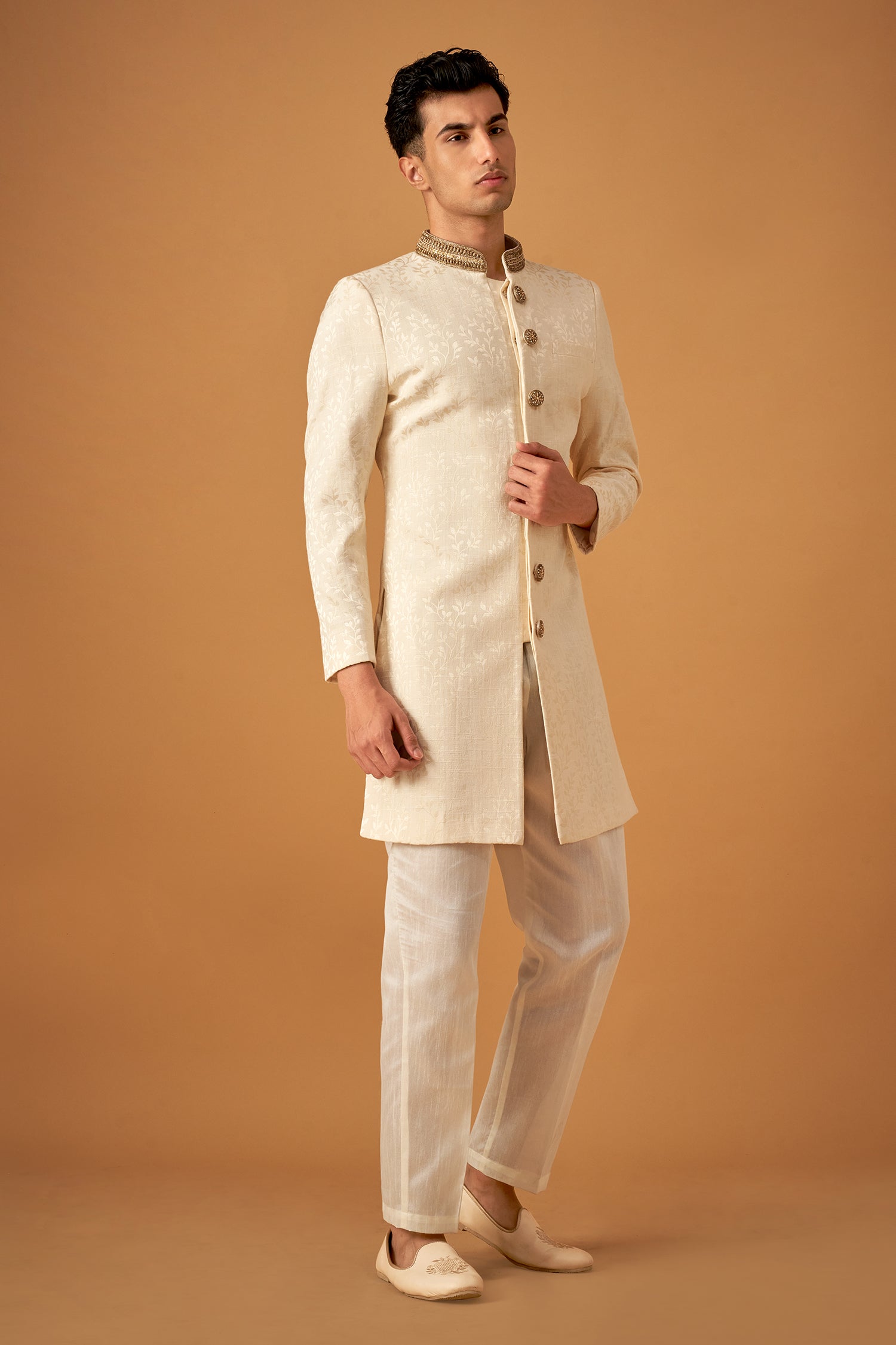 Cream Brocade Sherwani With Decorative Buttons