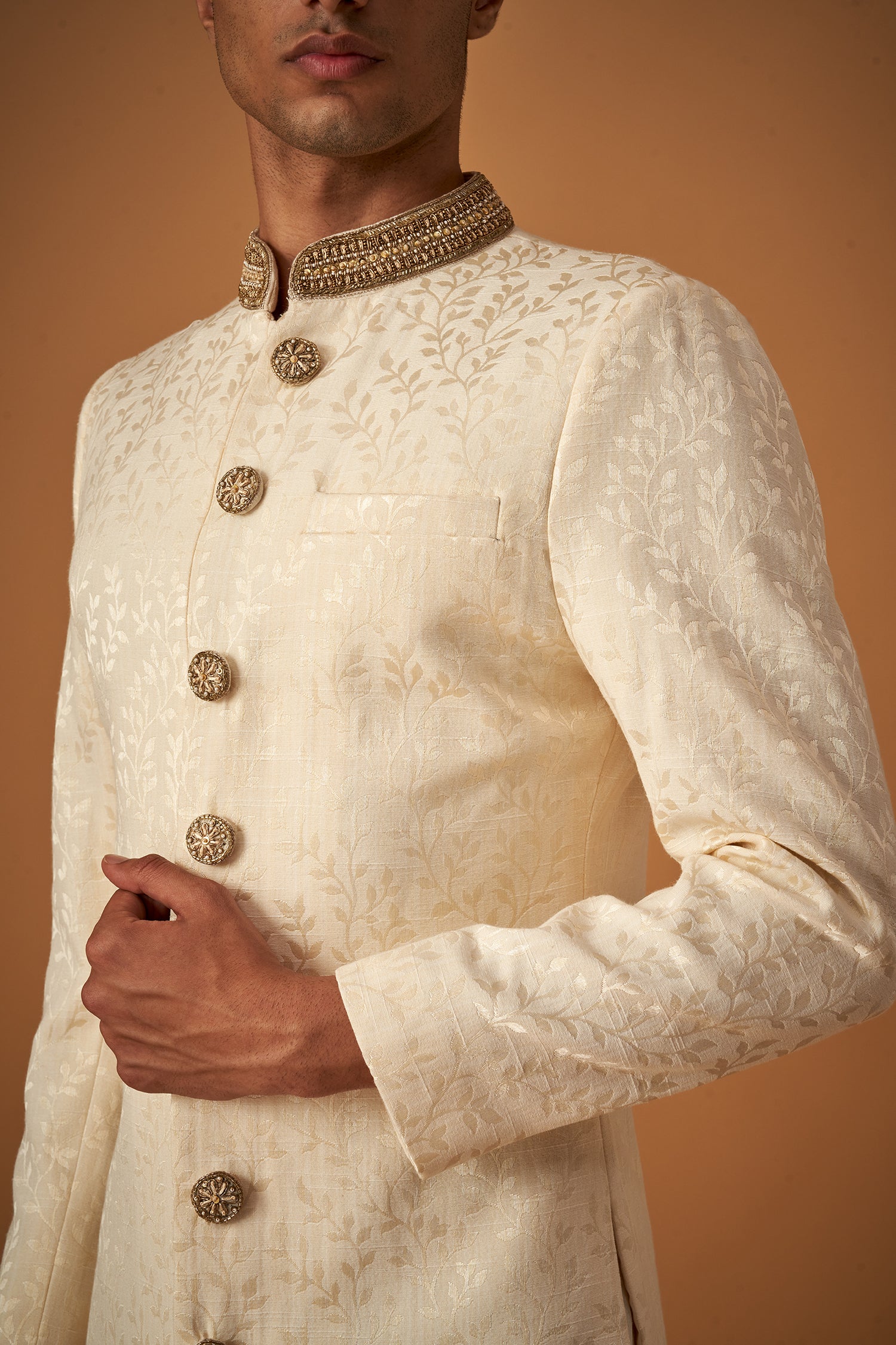 Cream Brocade Sherwani With Decorative Buttons