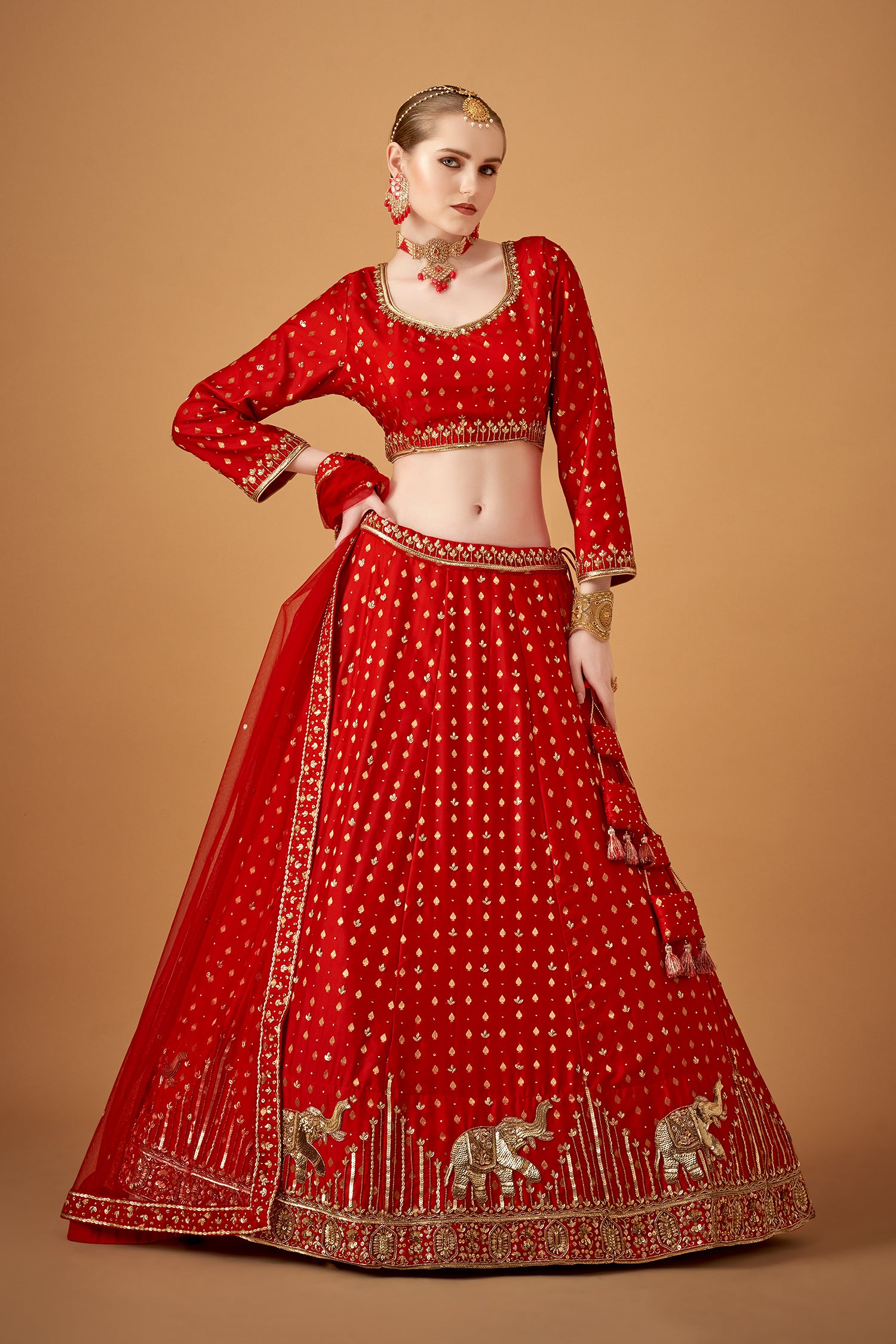 Red Traditional Jacquard Handwork Lehenga Set