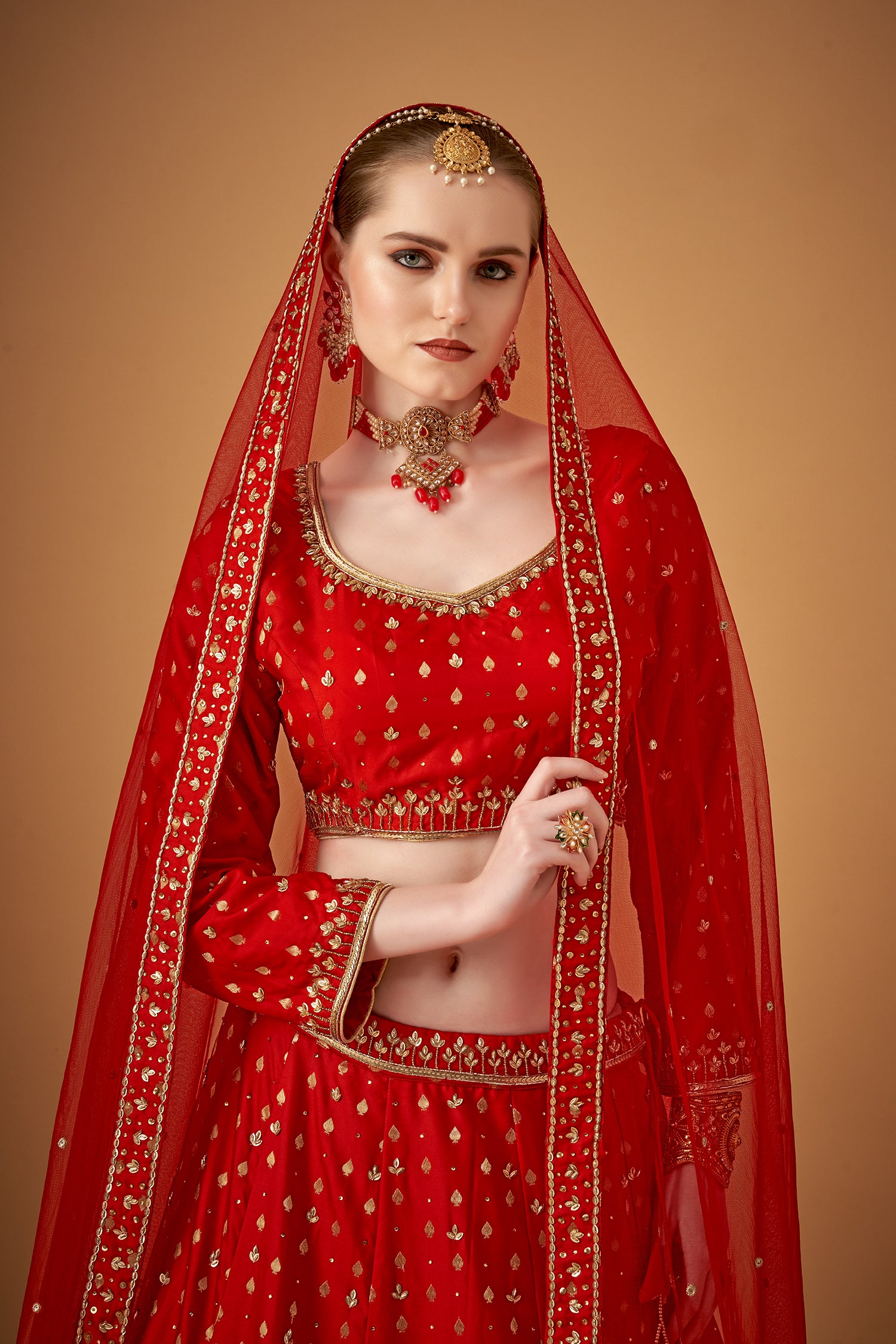 Red Traditional Jacquard Handwork Lehenga Set
