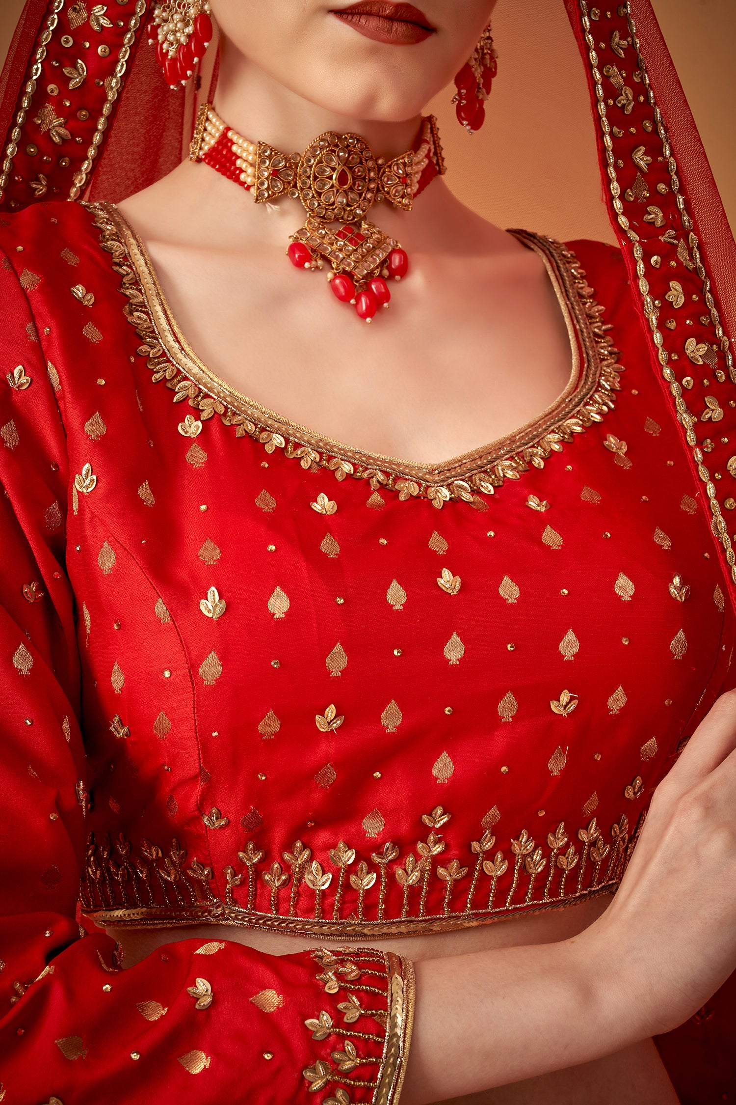 Red Traditional Jacquard Handwork Lehenga Set