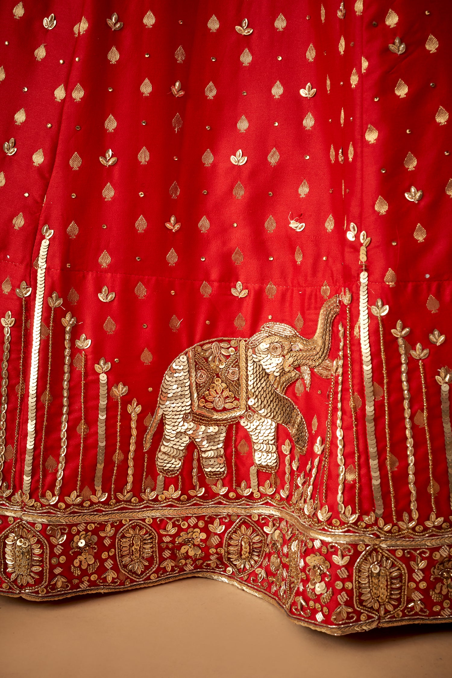 Red Traditional Jacquard Handwork Lehenga Set