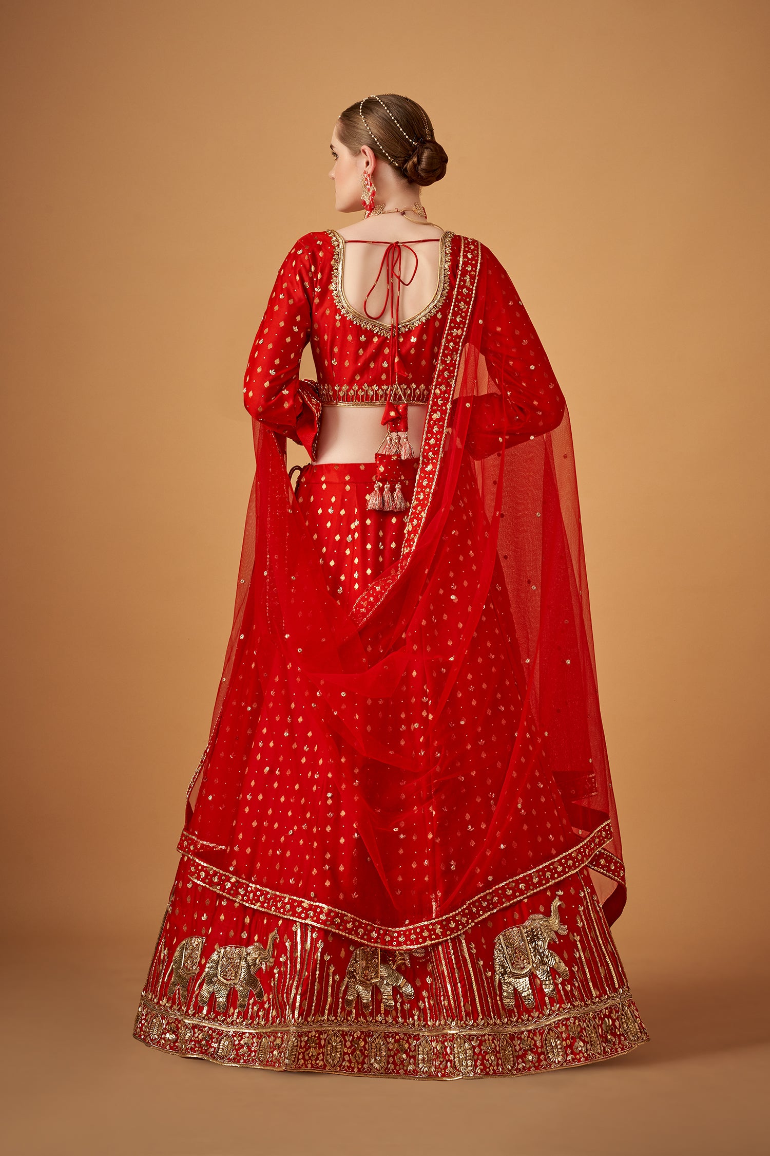 Red Traditional Jacquard Handwork Lehenga Set