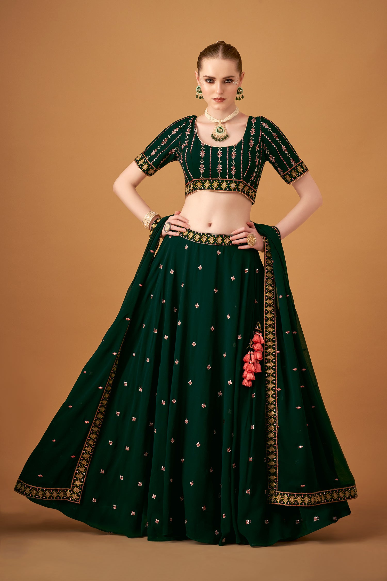 Bottle-Green Georgette Embroidered Umbrella Skirt Set