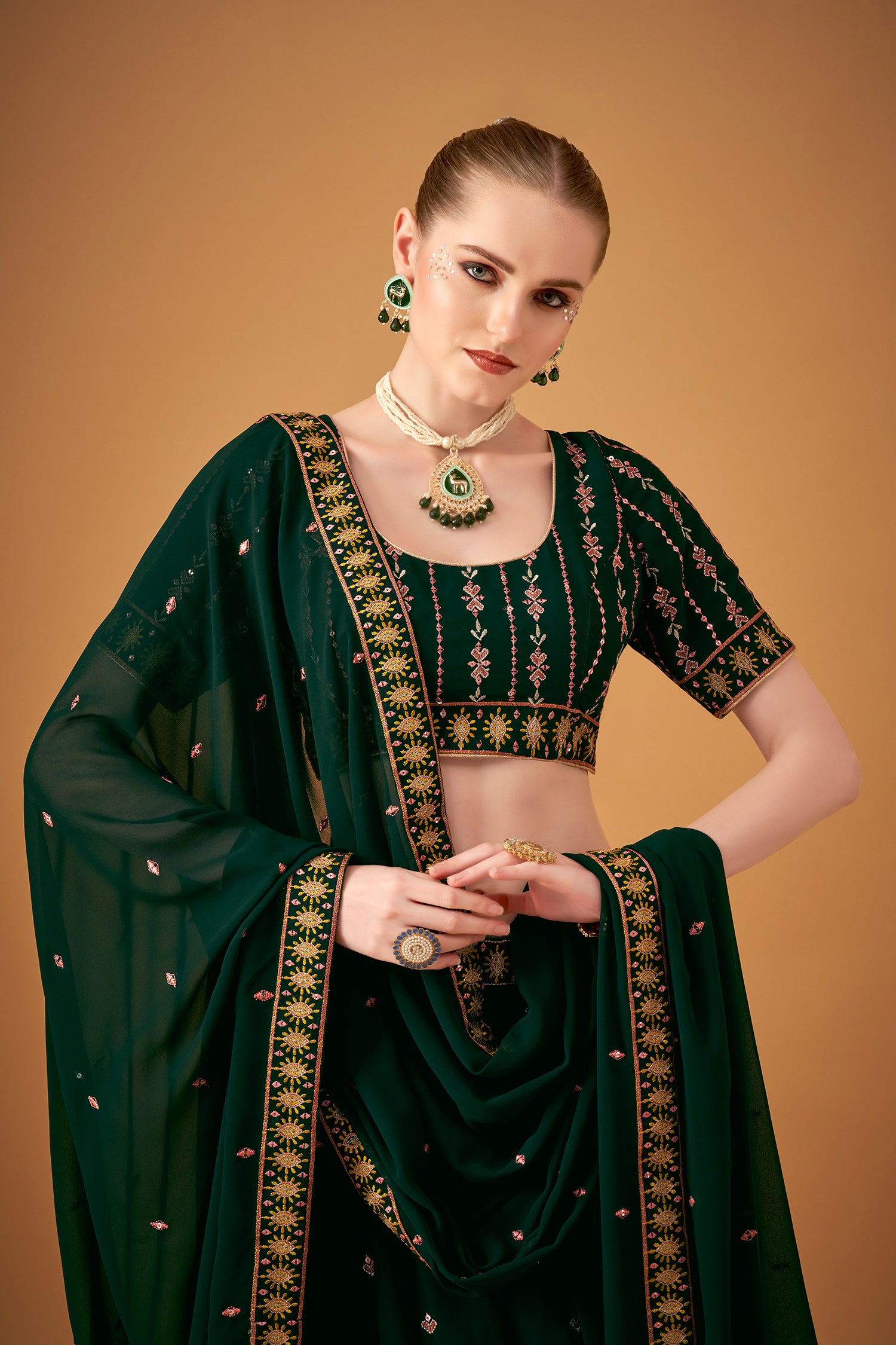 Bottle-Green Georgette Embroidered Umbrella Skirt Set