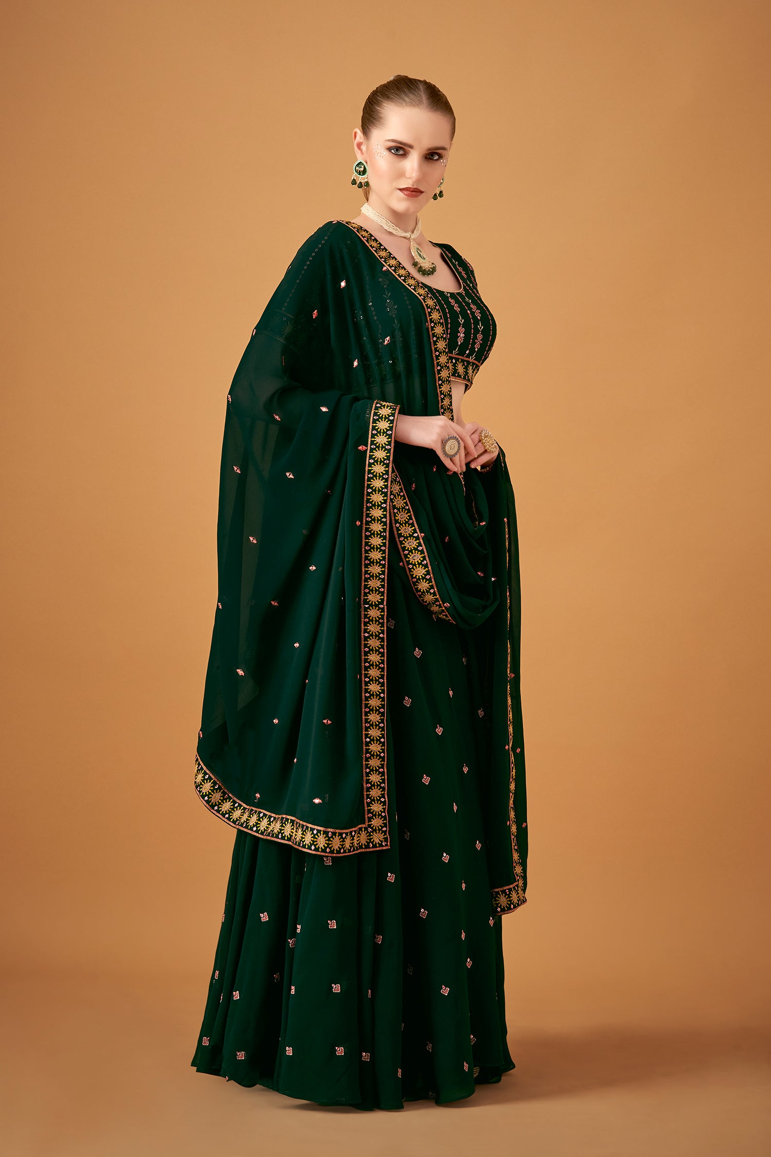 Bottle-Green Georgette Embroidered Umbrella Skirt Set