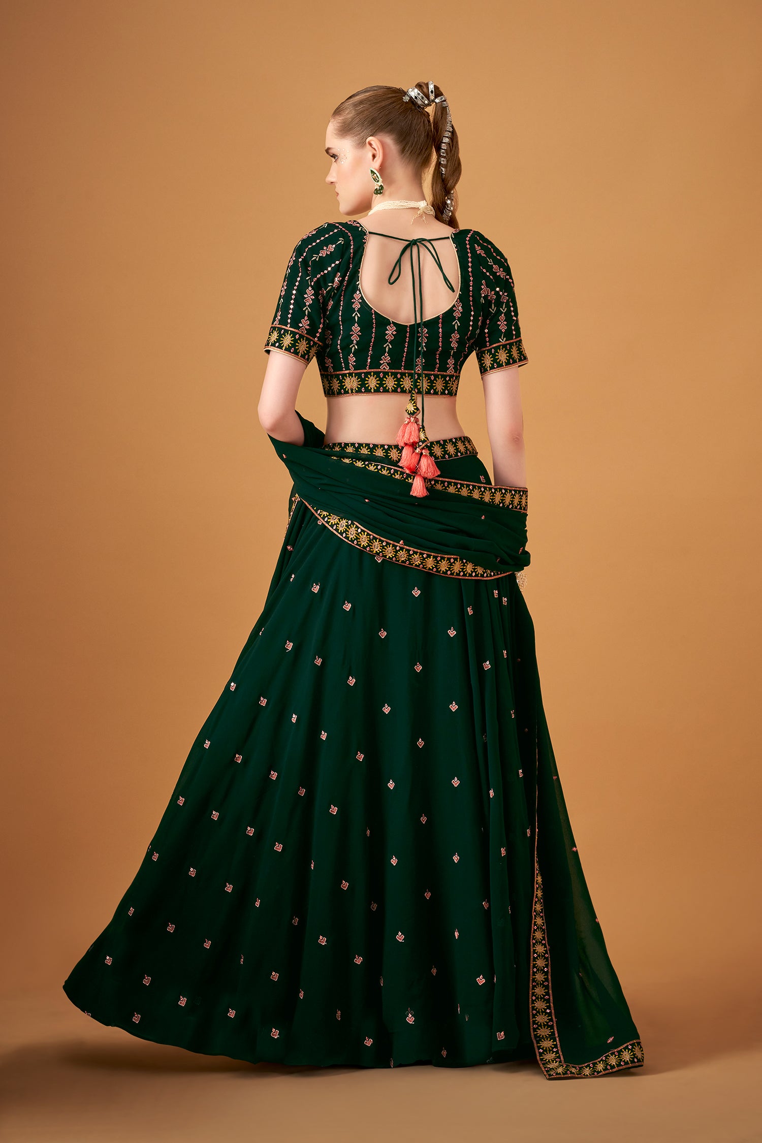 Bottle-Green Georgette Embroidered Umbrella Skirt Set