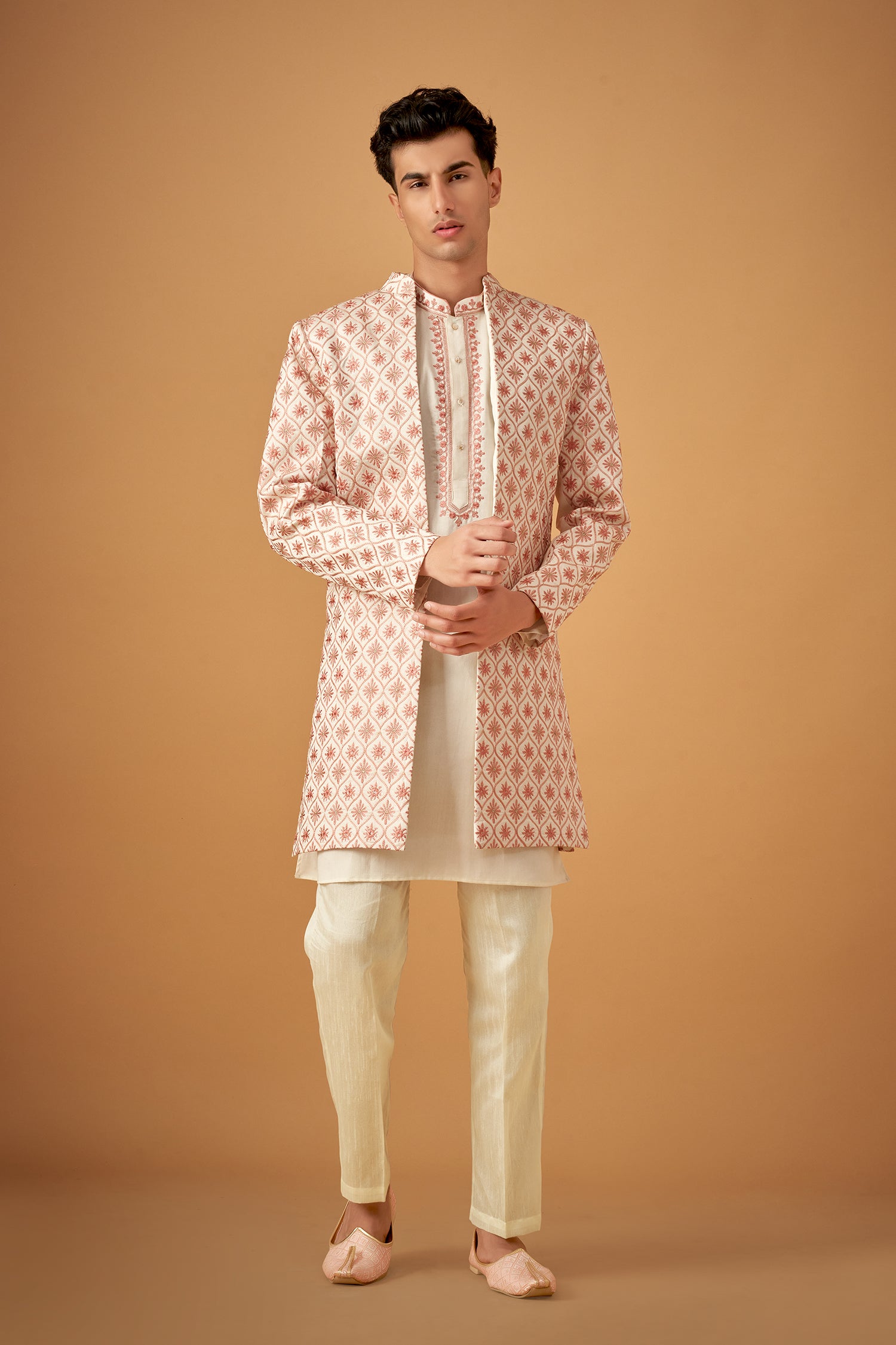Pink Floral Emboidered Sherwani Jacket And Kurta Set