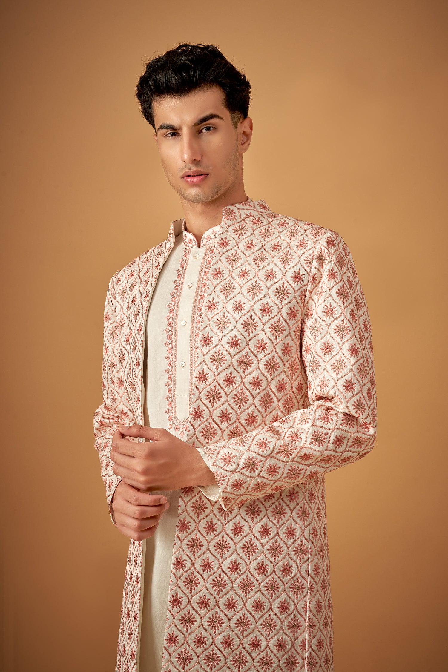 Pink Floral Emboidered Sherwani Jacket And Kurta Set