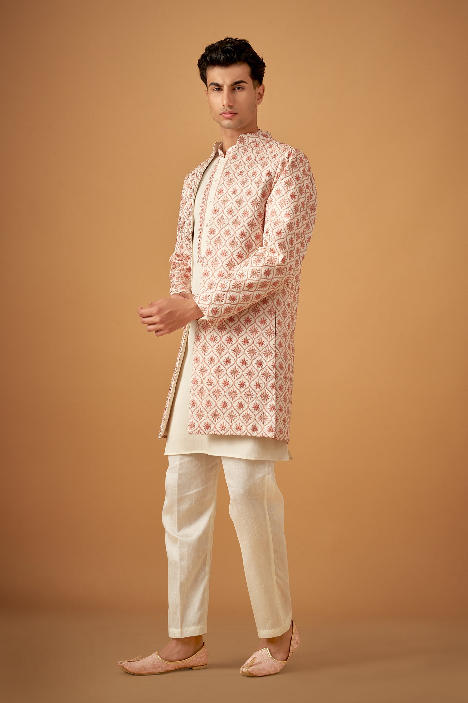 Pink Floral Emboidered Sherwani Jacket And Kurta Set
