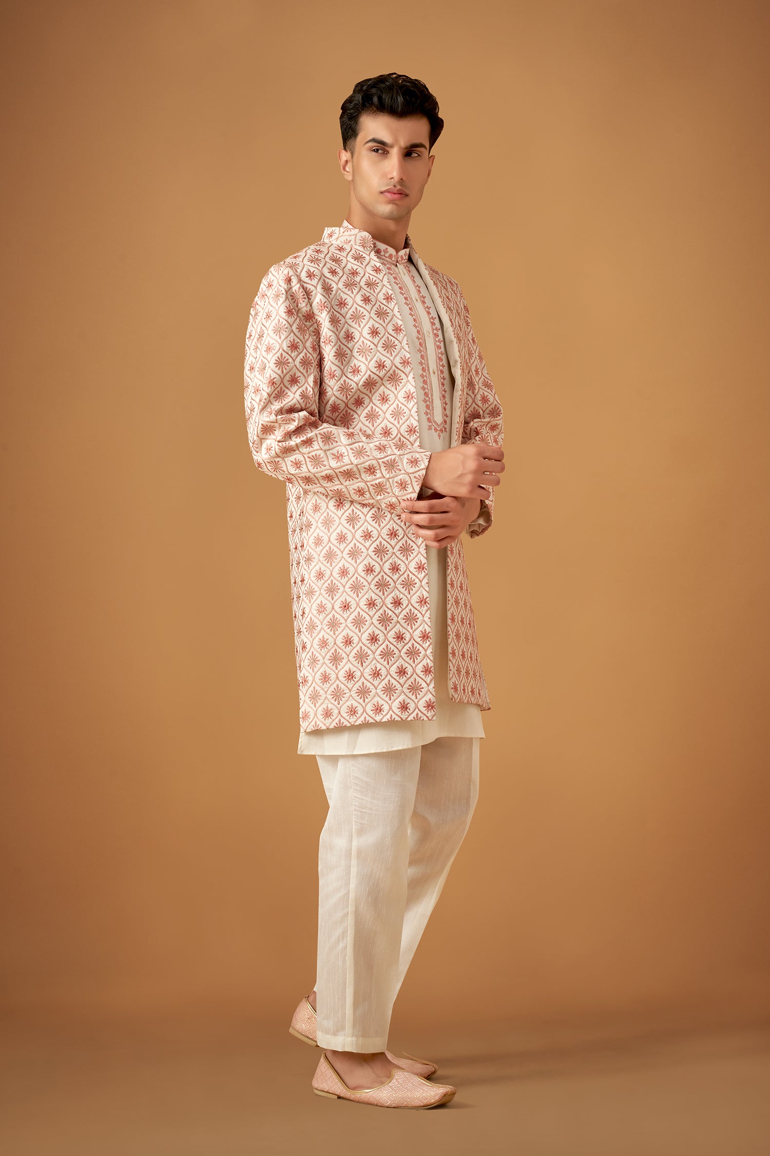 Pink Floral Emboidered Sherwani Jacket And Kurta Set