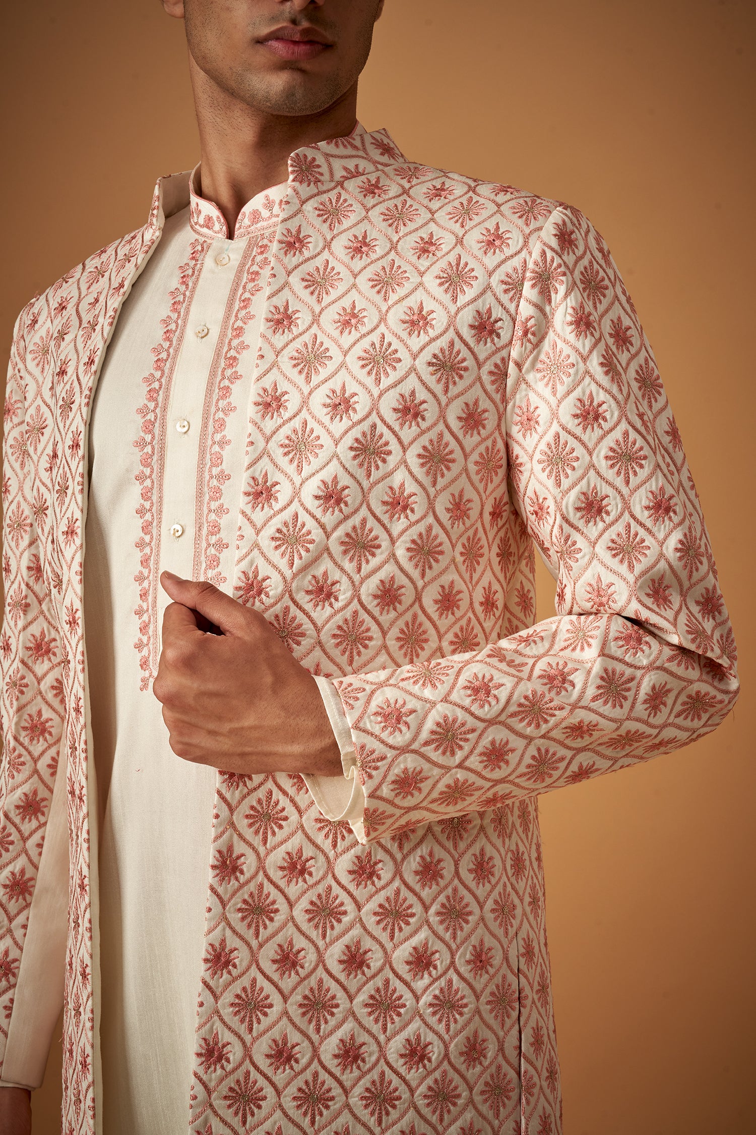 Pink Floral Emboidered Sherwani Jacket And Kurta Set
