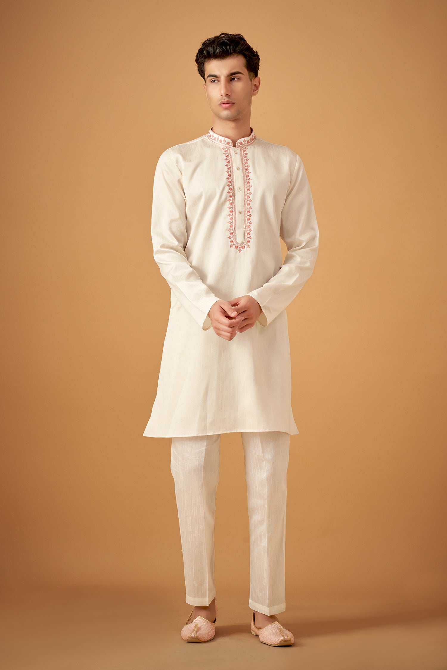 Pink Floral Emboidered Sherwani Jacket And Kurta Set