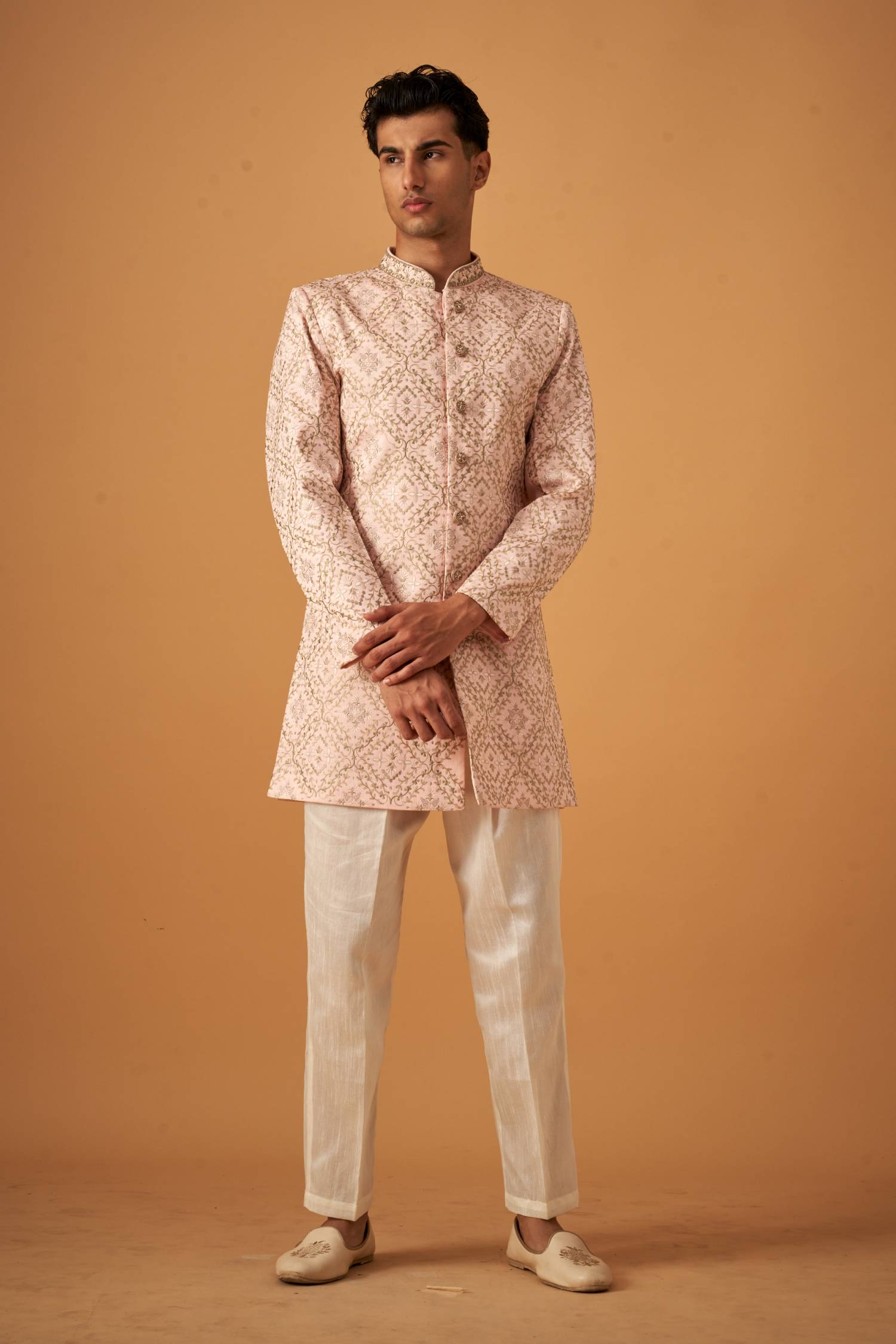 Peach Embroidered Sherwani With Handwork