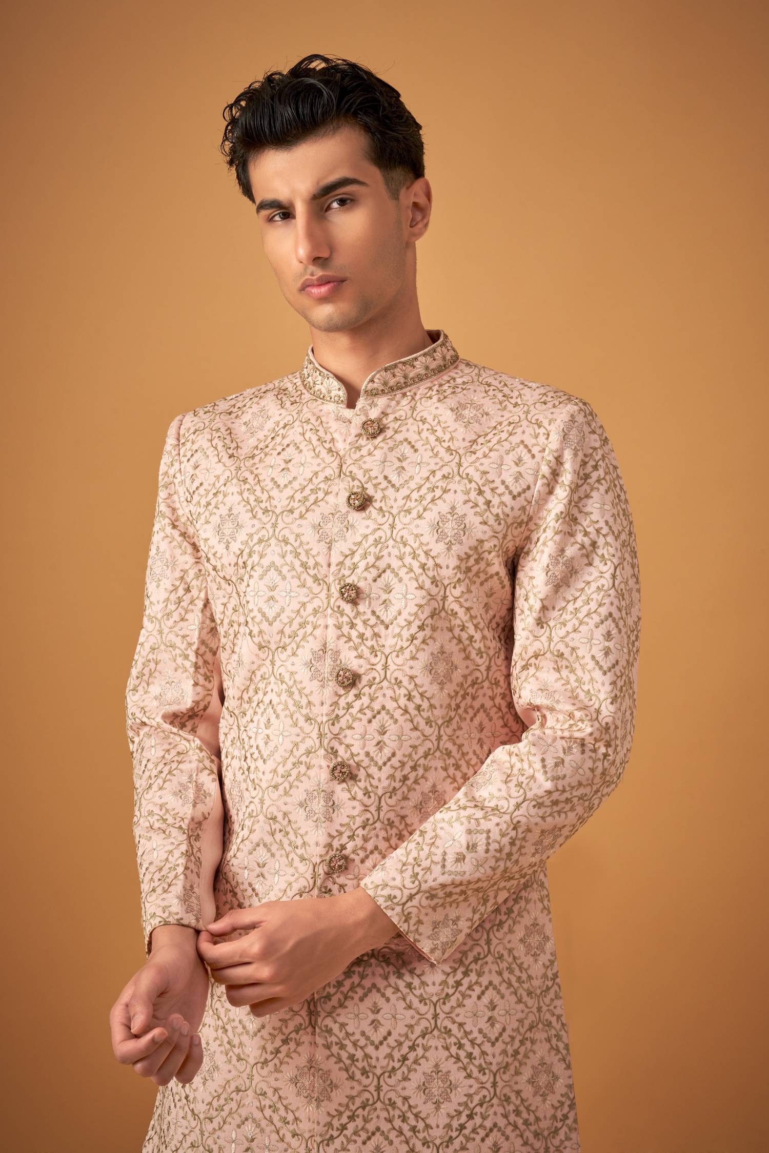 Peach Embroidered Sherwani With Handwork