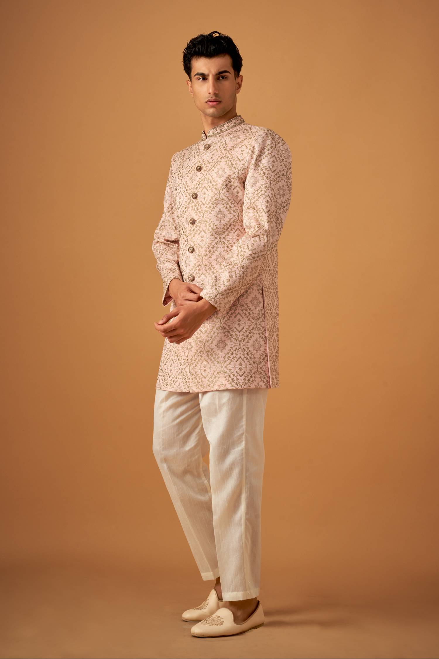 Peach Embroidered Sherwani With Handwork