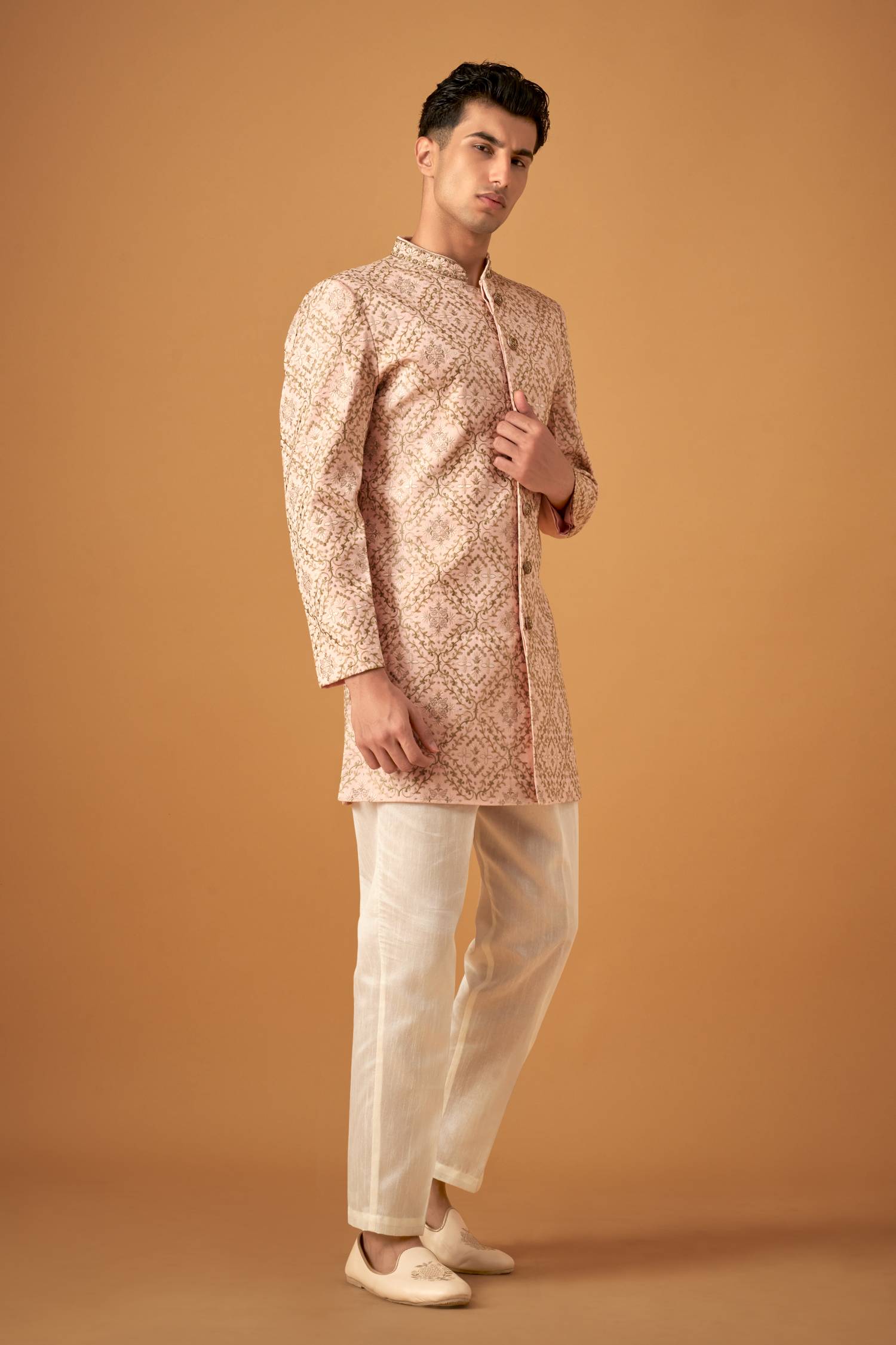Peach Embroidered Sherwani With Handwork