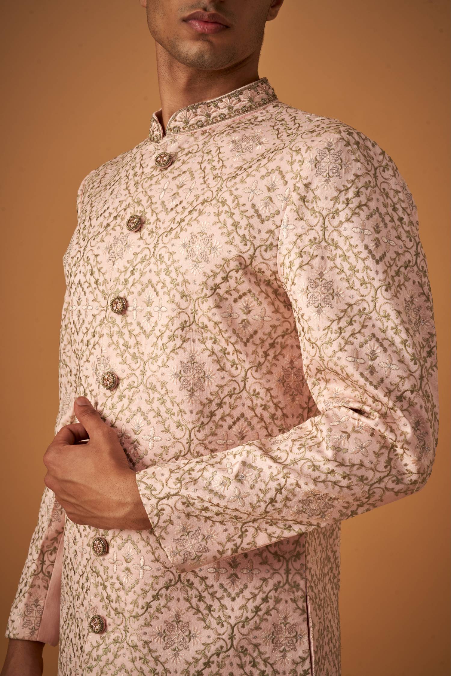Peach Embroidered Sherwani With Handwork