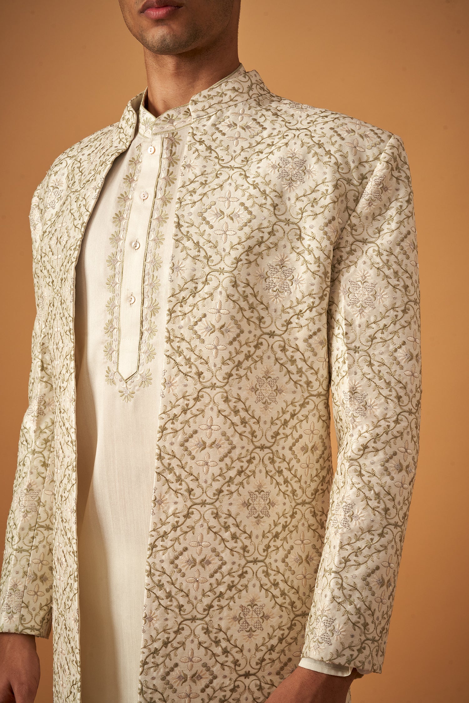 Green Embroidered Sherwani Jacket And Kurta Set