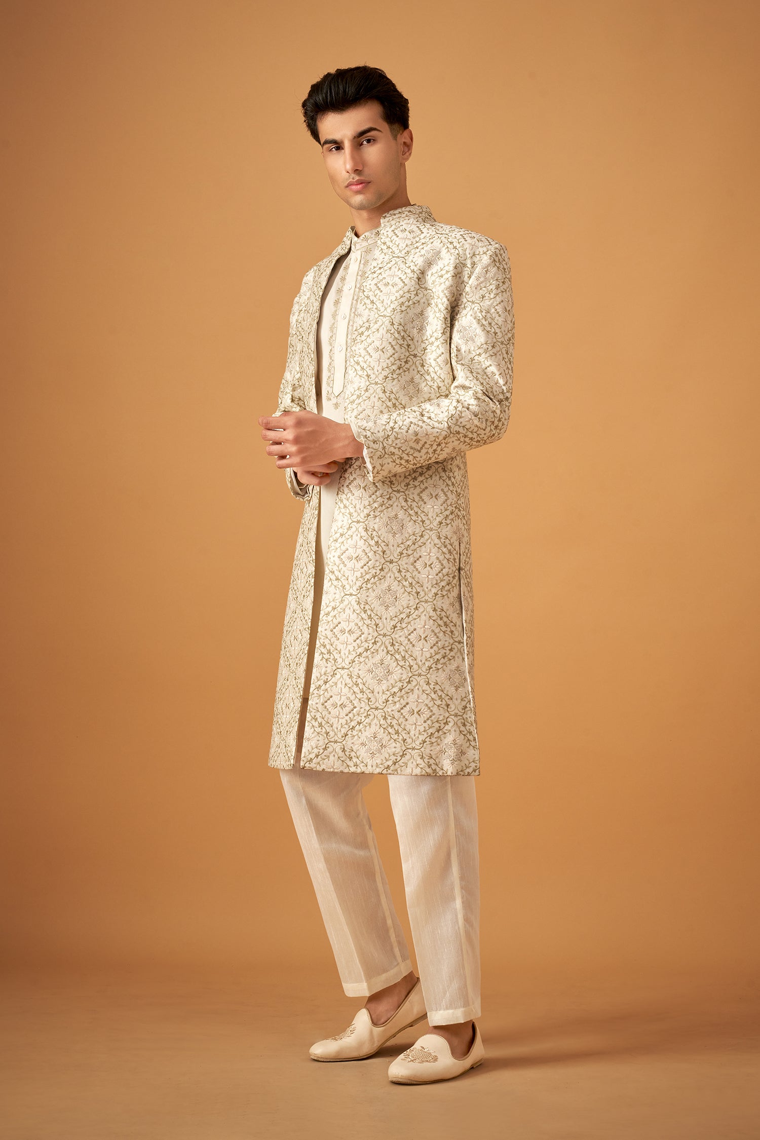 Green Embroidered Sherwani Jacket And Kurta Set
