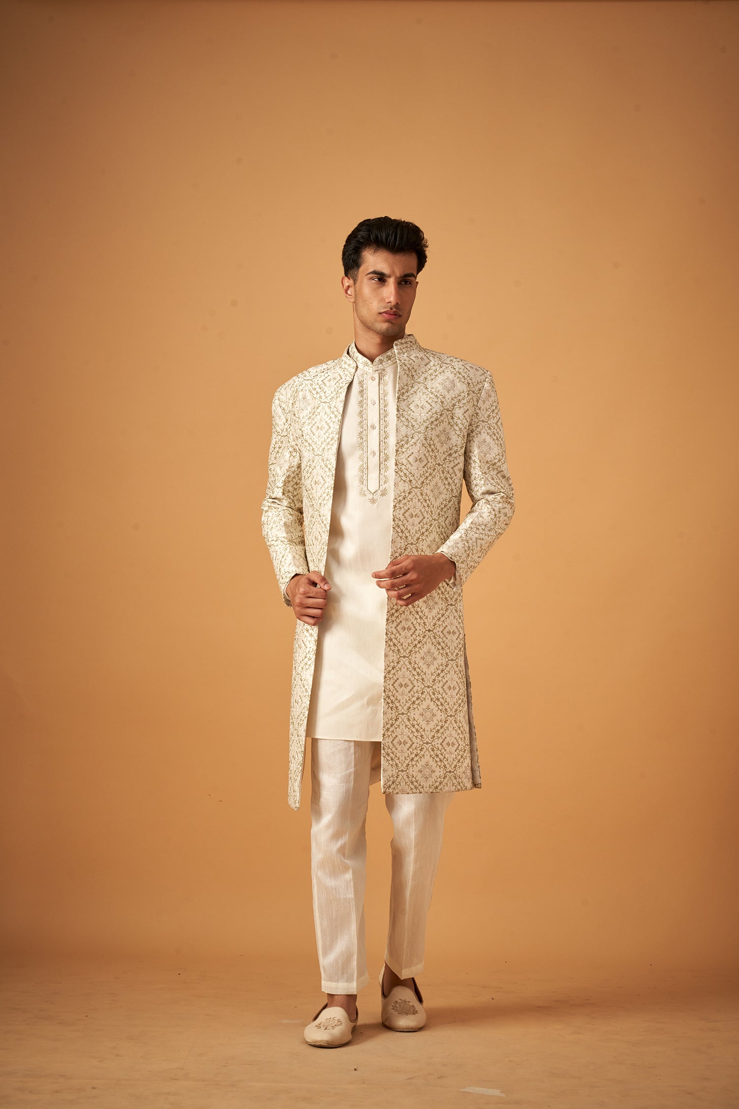 Green Embroidered Sherwani Jacket And Kurta Set