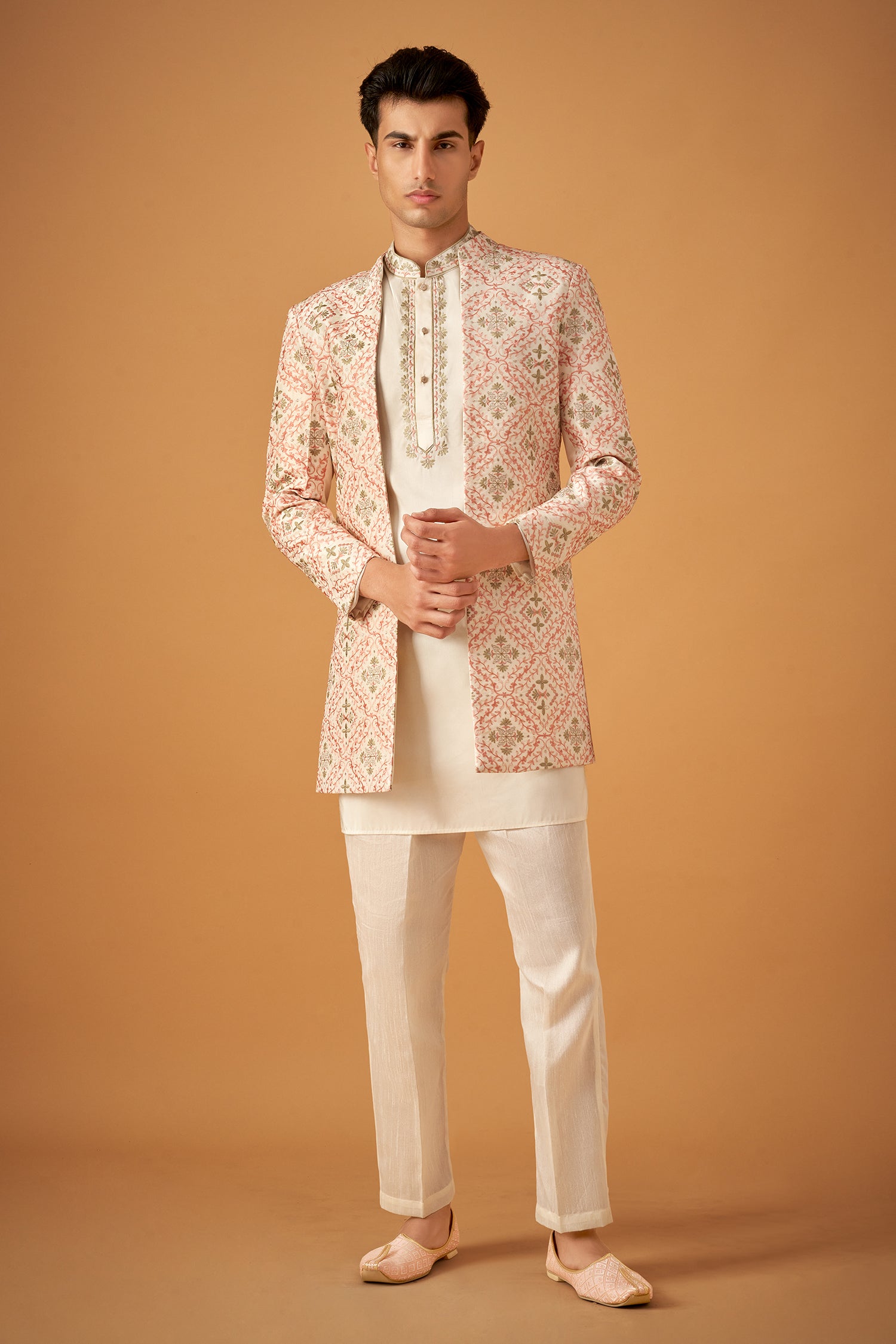 Offwhite Embroidered Sherwani Jacket And Kurta Set