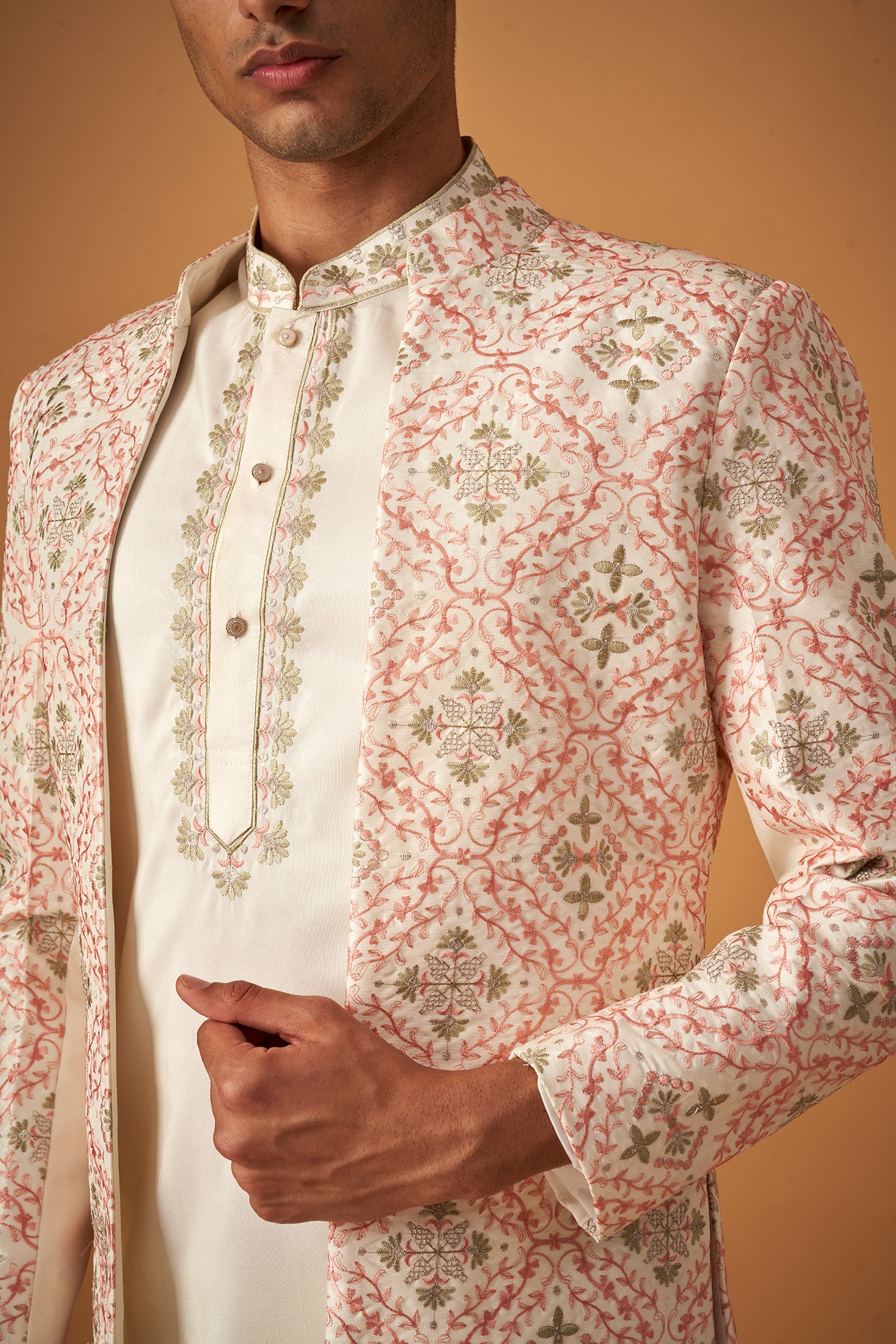 Offwhite Embroidered Sherwani Jacket And Kurta Set