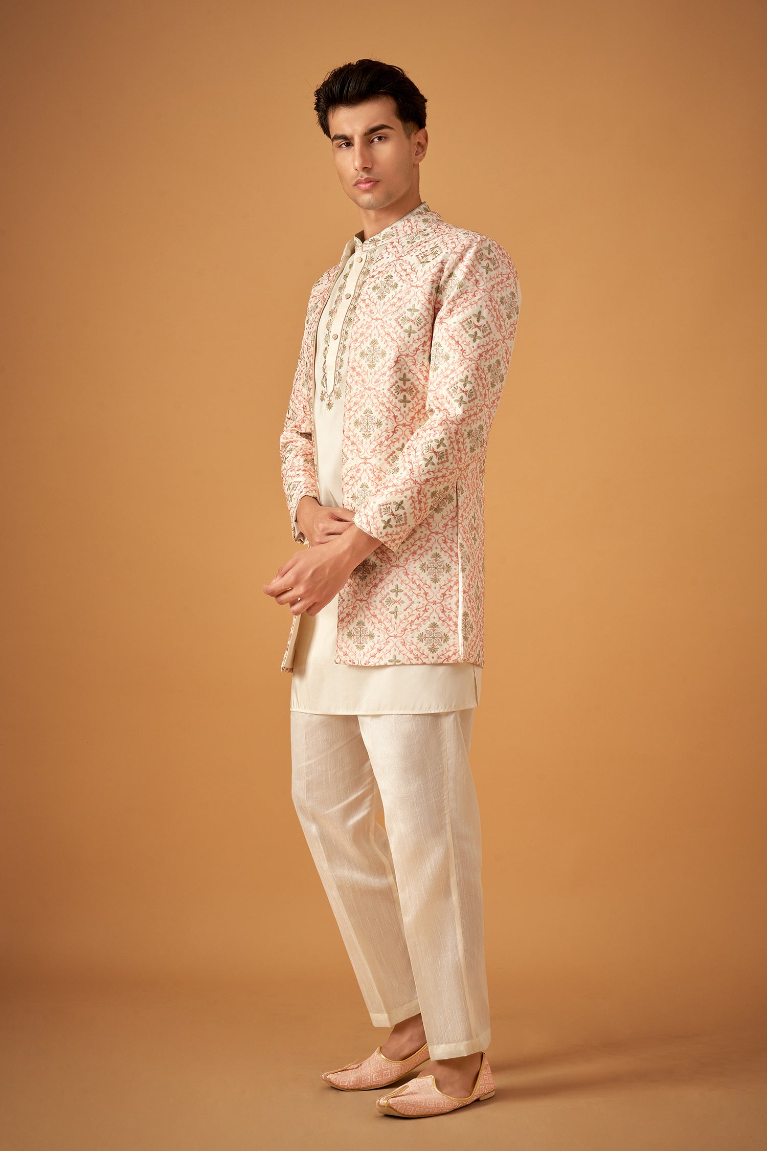 Offwhite Embroidered Sherwani Jacket And Kurta Set