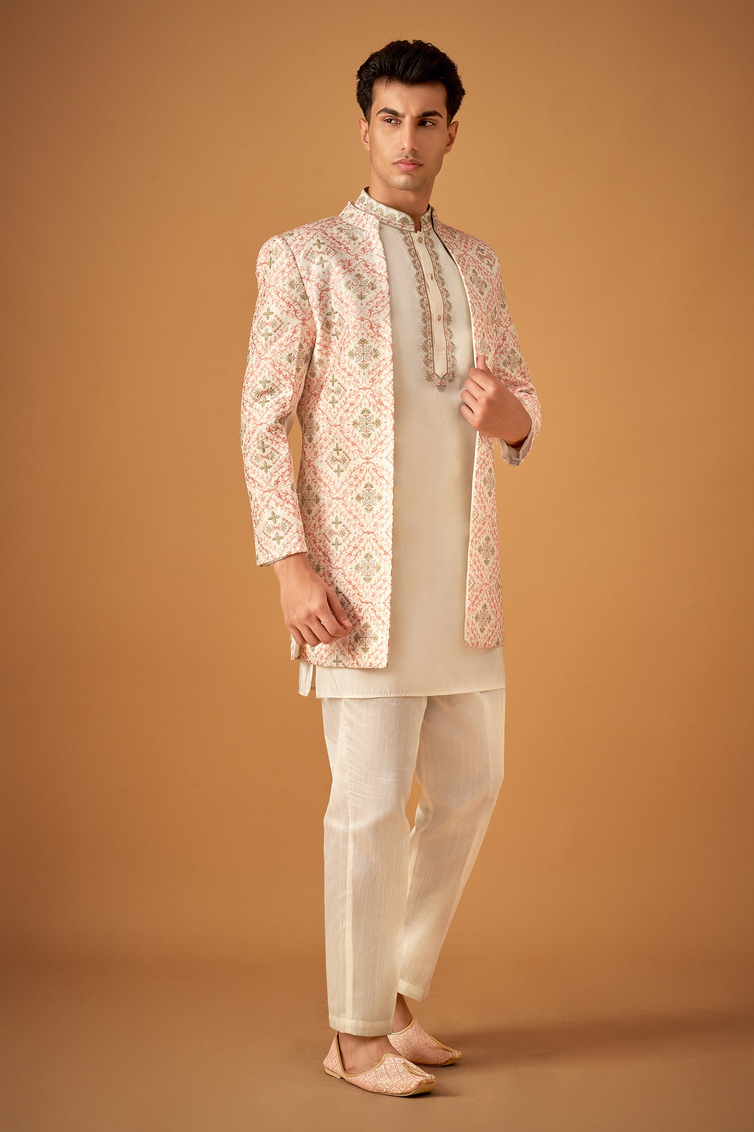 Offwhite Embroidered Sherwani Jacket And Kurta Set