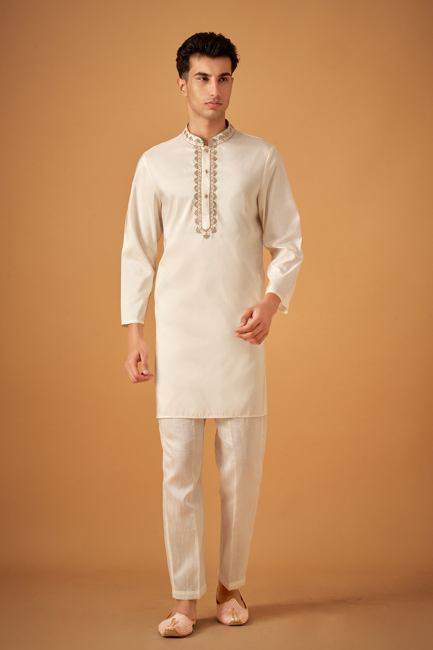 Offwhite Embroidered Sherwani Jacket And Kurta Set