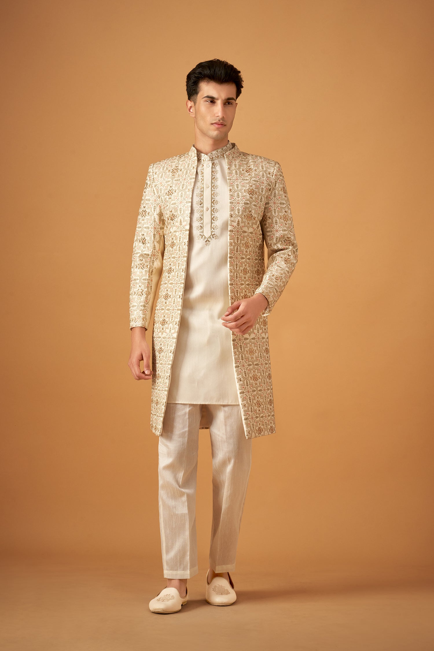 Cream Color Embroidered Sherwani Jacket And Kurta Set