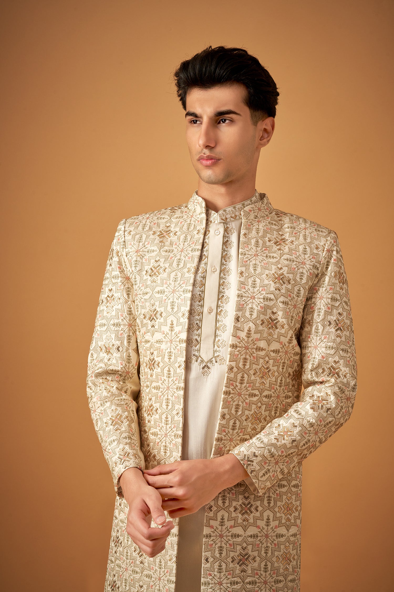 Cream Color Embroidered Sherwani Jacket And Kurta Set